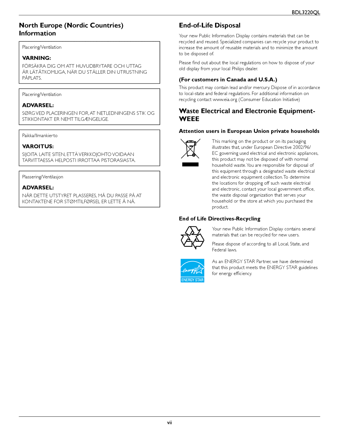 Philips BDL3220QL user manual North Europe Nordic Countries Information, End-of-Life Disposal, Varning, Varoitus 