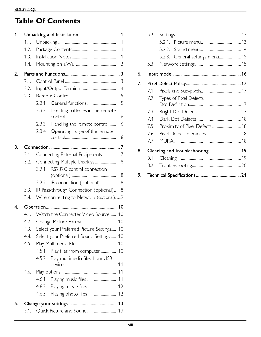 Philips BDL3220QL user manual Table Of Contents 