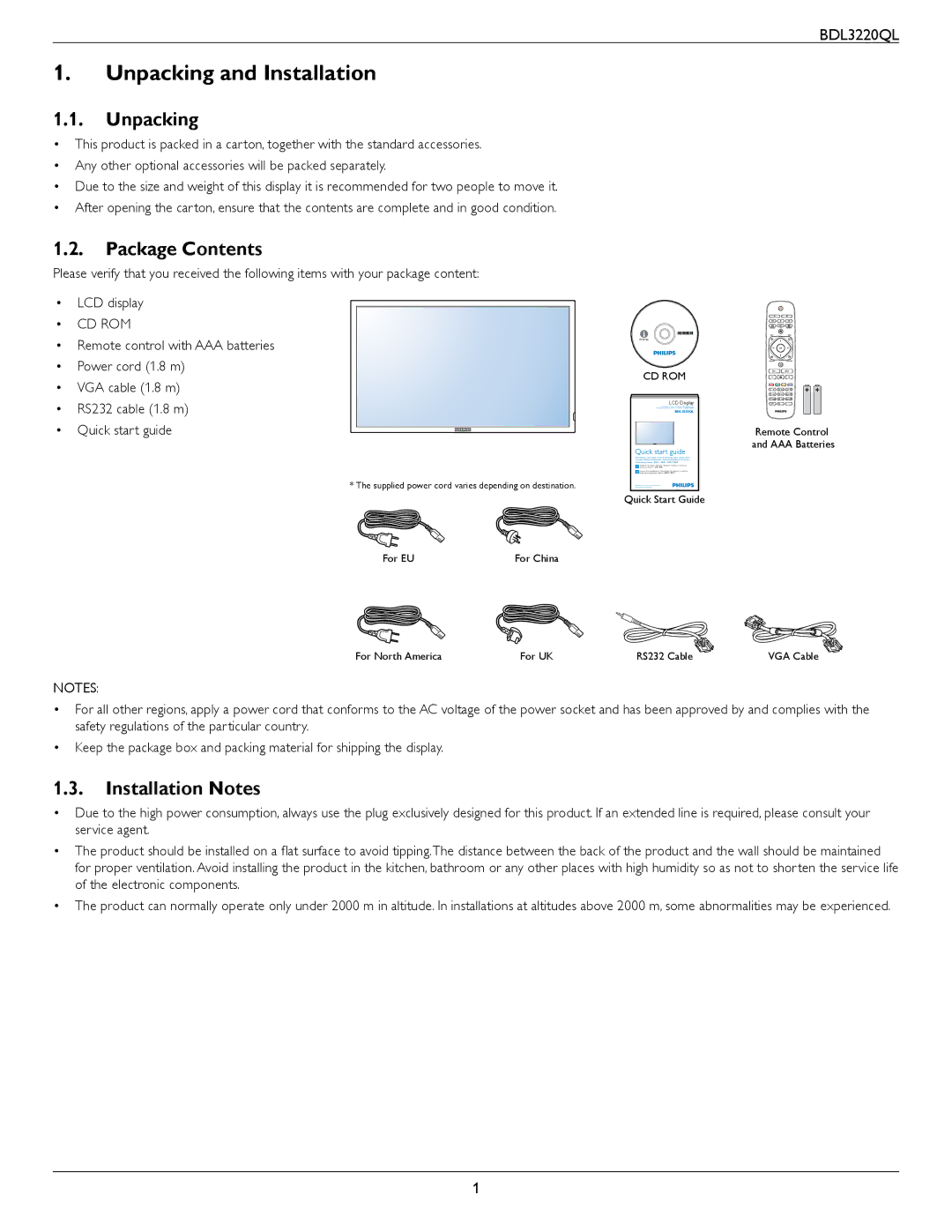 Philips BDL3220QL user manual Unpacking and Installation, Package Contents, Installation Notes 