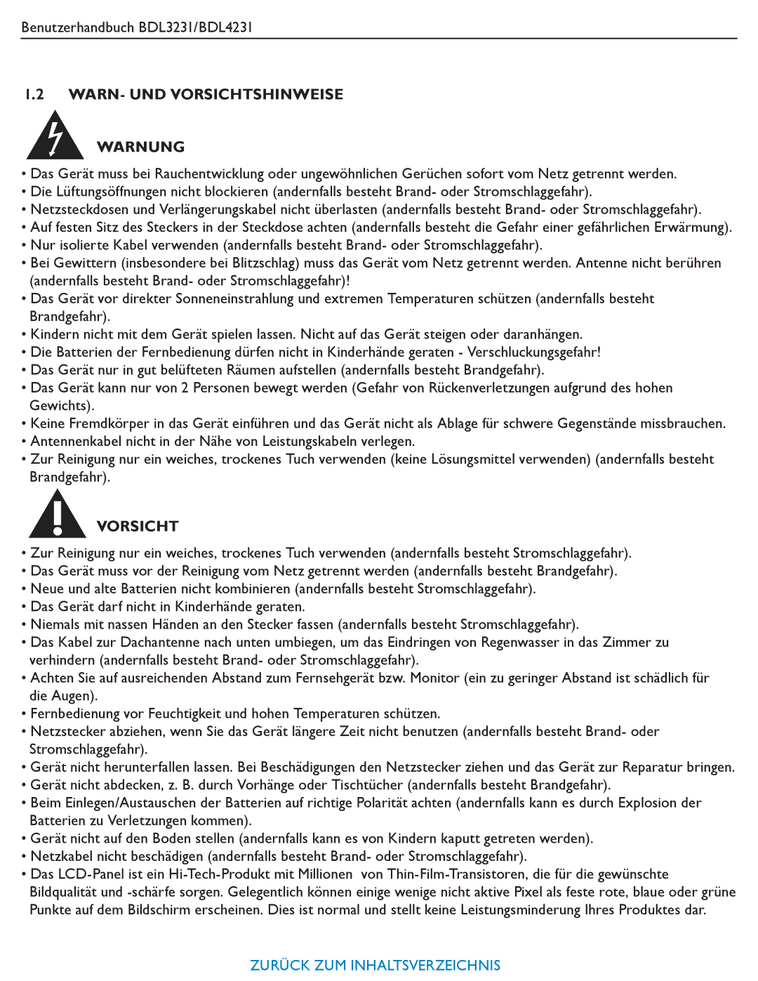 Philips BDL3231, BDL4231 manual WARN- UND Vorsichtshinweise Warnung 