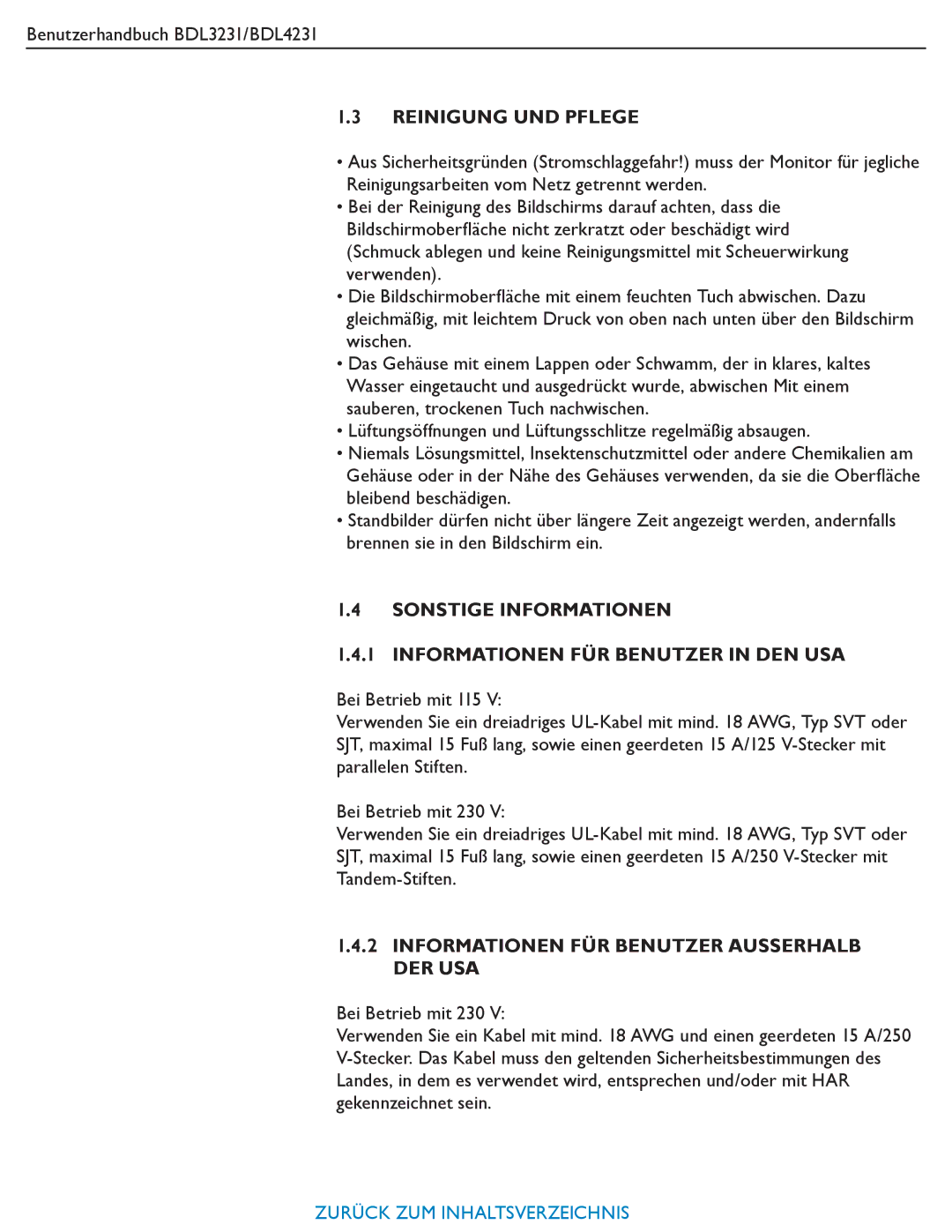 Philips BDL4231, BDL3231 manual Sonstige Informationen Informationen FÜR Benutzer in DEN USA 