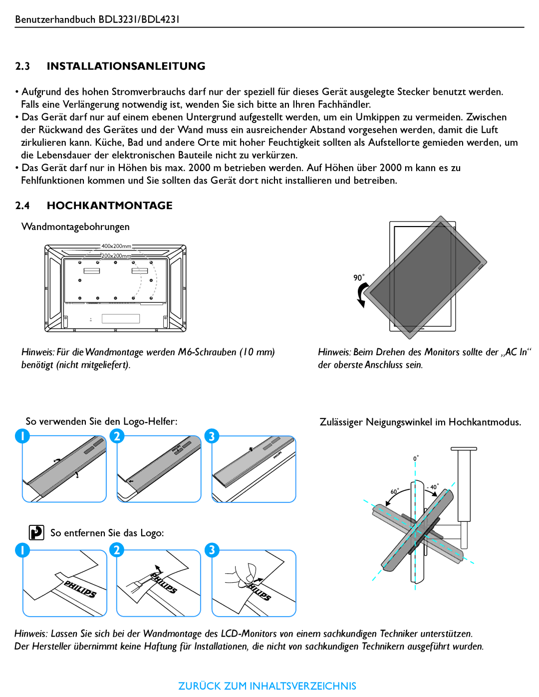 Philips BDL4231, BDL3231 manual Wandmontagebohrungen 