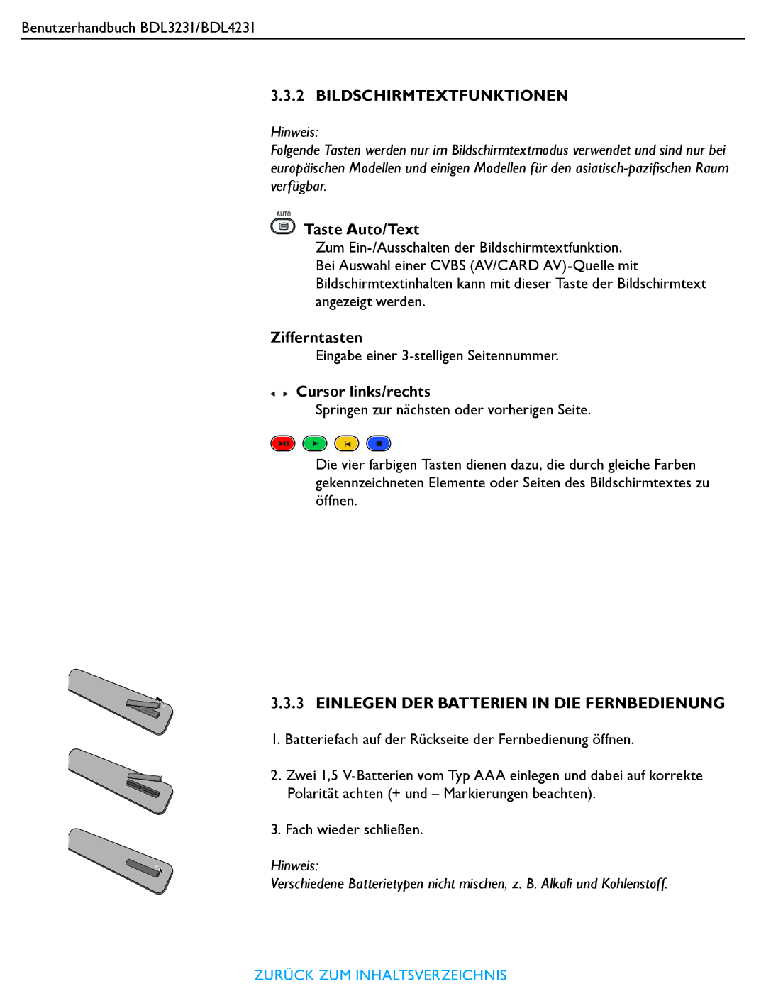 Philips BDL3231, BDL4231 manual Bildschirmtextfunktionen, Cursor links/rechts 