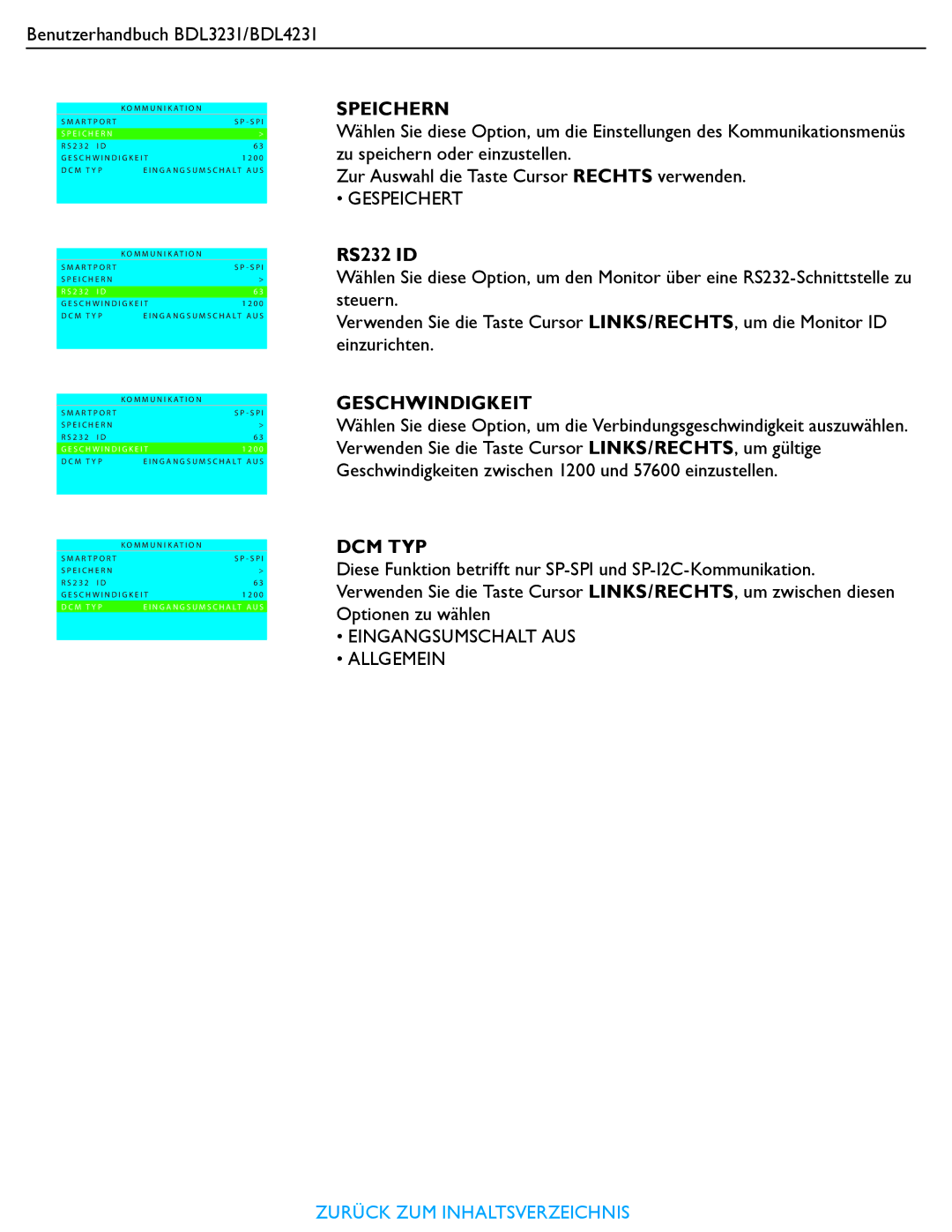 Philips BDL3231, BDL4231 manual Speichern, RS232 ID, Geschwindigkeit, Dcm Typ 