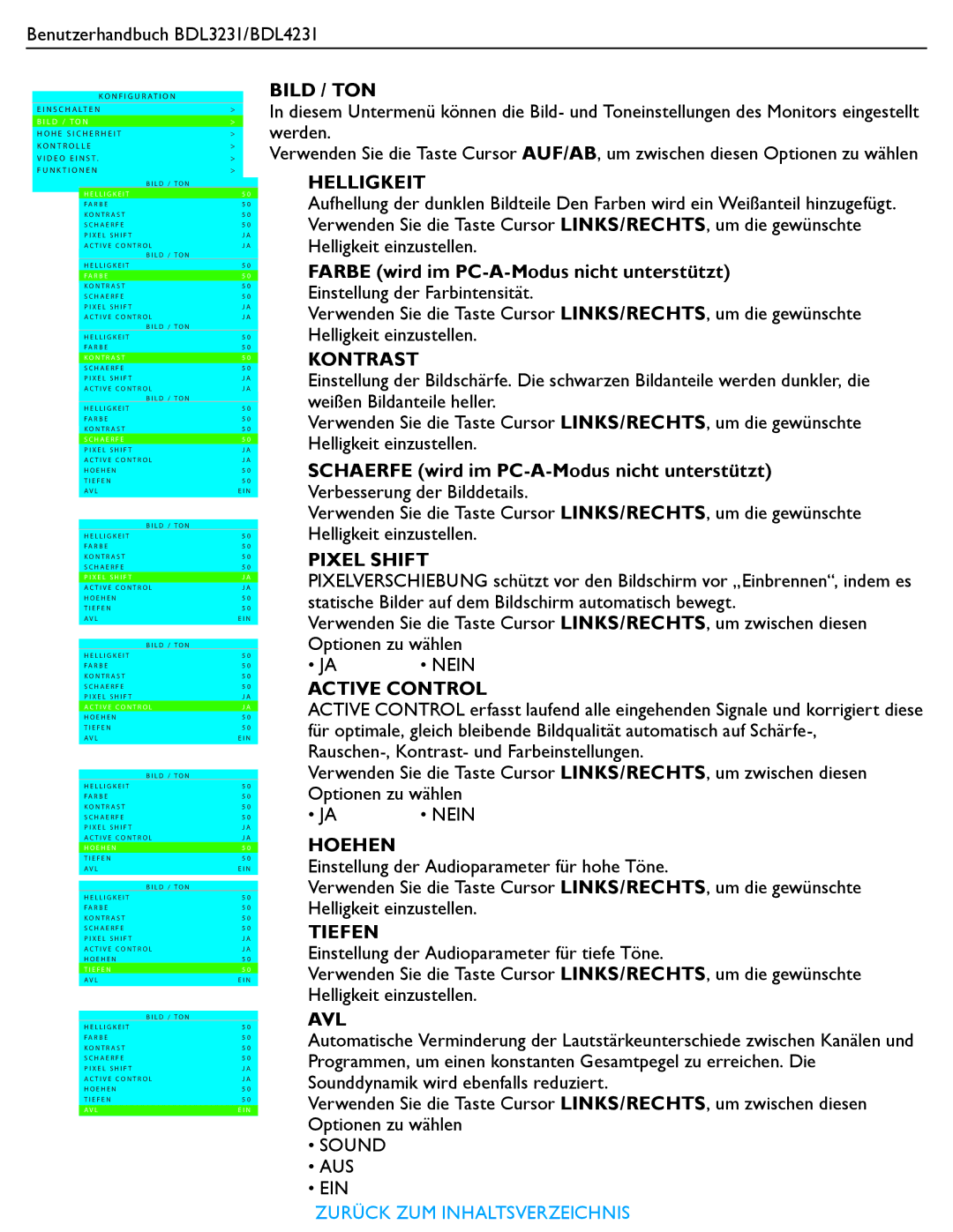 Philips BDL4231, BDL3231 manual Bild / TON, Helligkeit, Kontrast, Pixel Shift, Active Control, Hoehen, Tiefen, Avl 