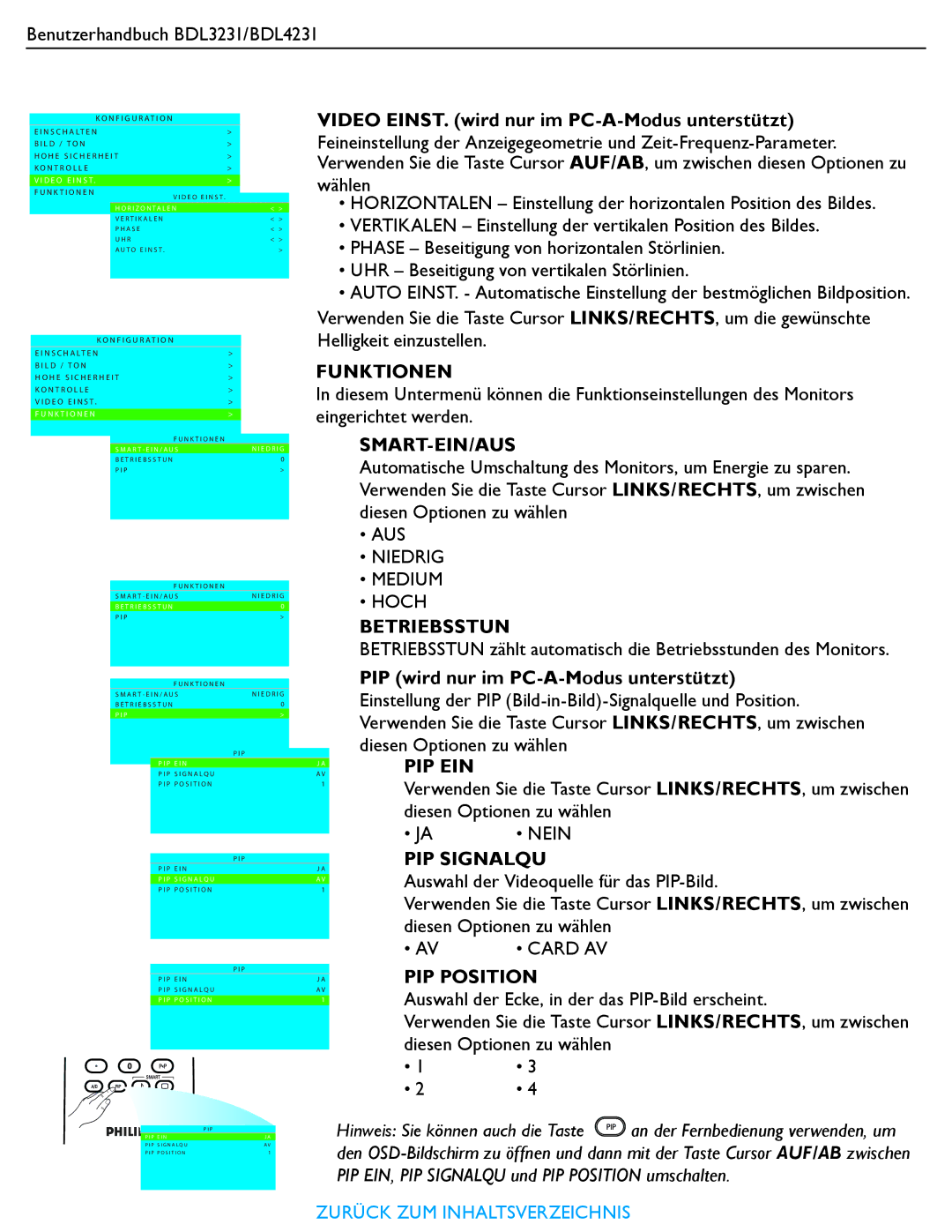 Philips BDL4231, BDL3231 manual Funktionen, Smart-Ein/Aus, Betriebsstun, Pip Ein, PIP Signalqu, PIP Position 