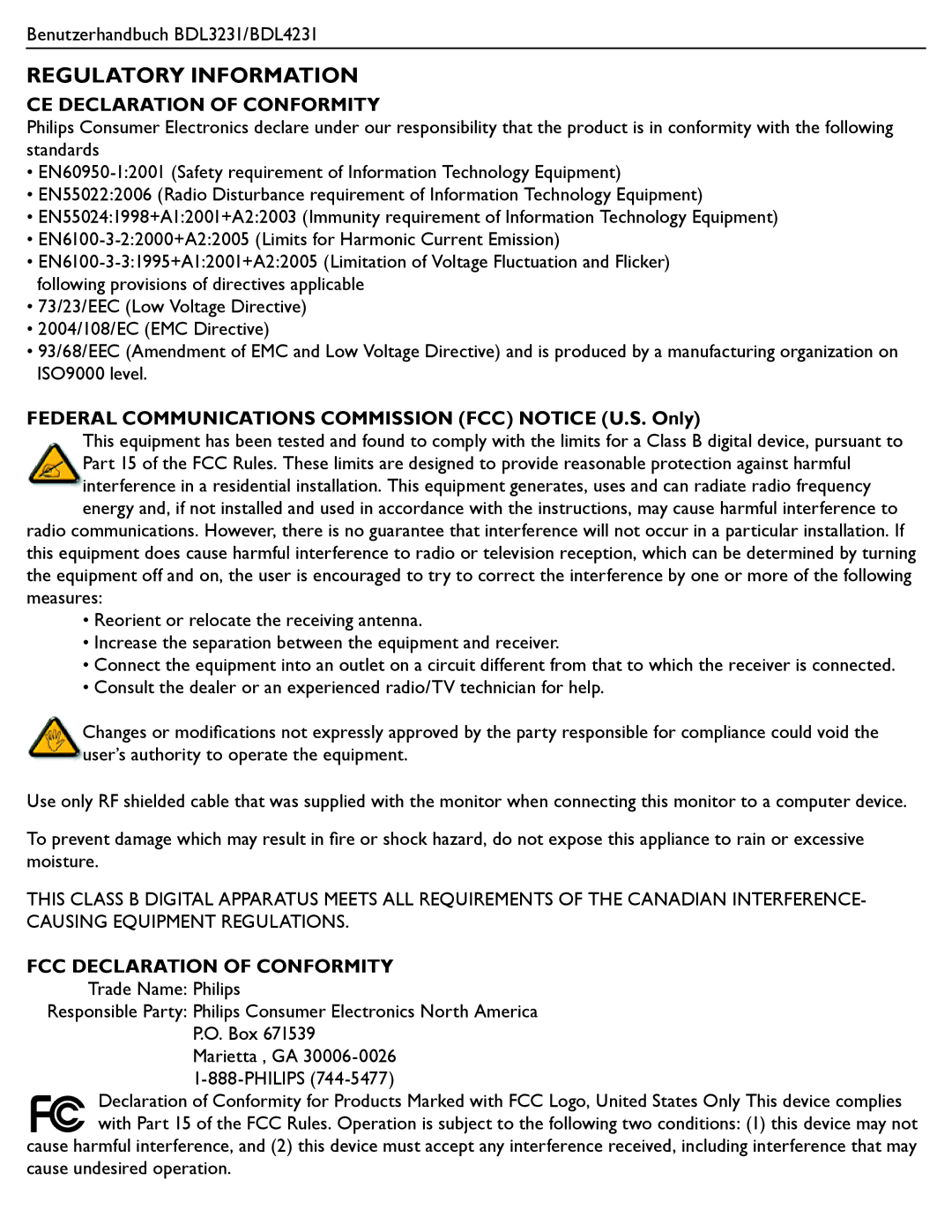 Philips BDL4231, BDL3231 manual CE Declaration of Conformity, Federal Communications Commission FCC Notice U.S. Only 