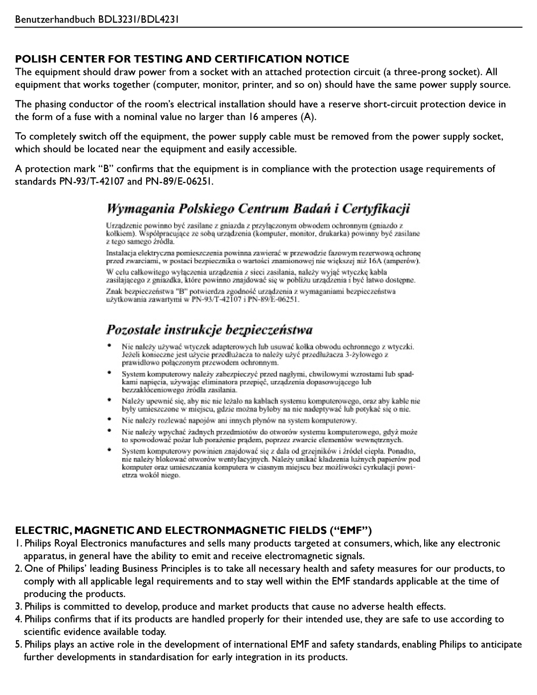 Philips BDL3231 Polish Center for Testing and Certification Notice, ELECTRIC, Magnetic and Electronmagnetic Fields EMF 