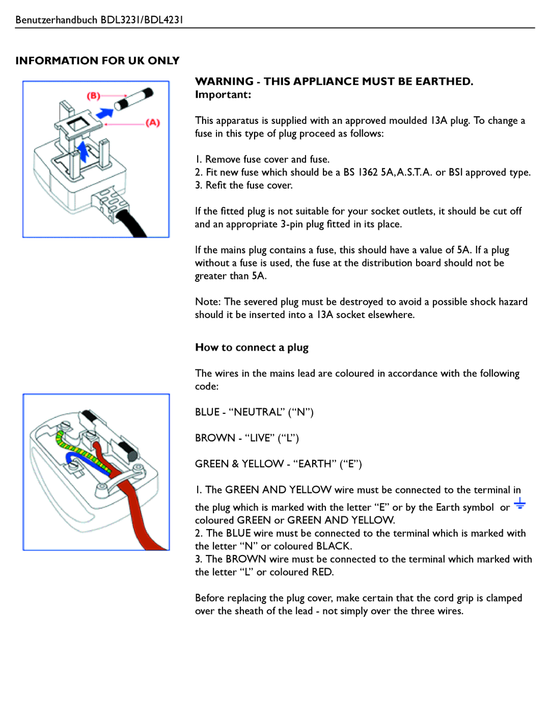 Philips BDL4231, BDL3231 manual Information for UK only, How to connect a plug 