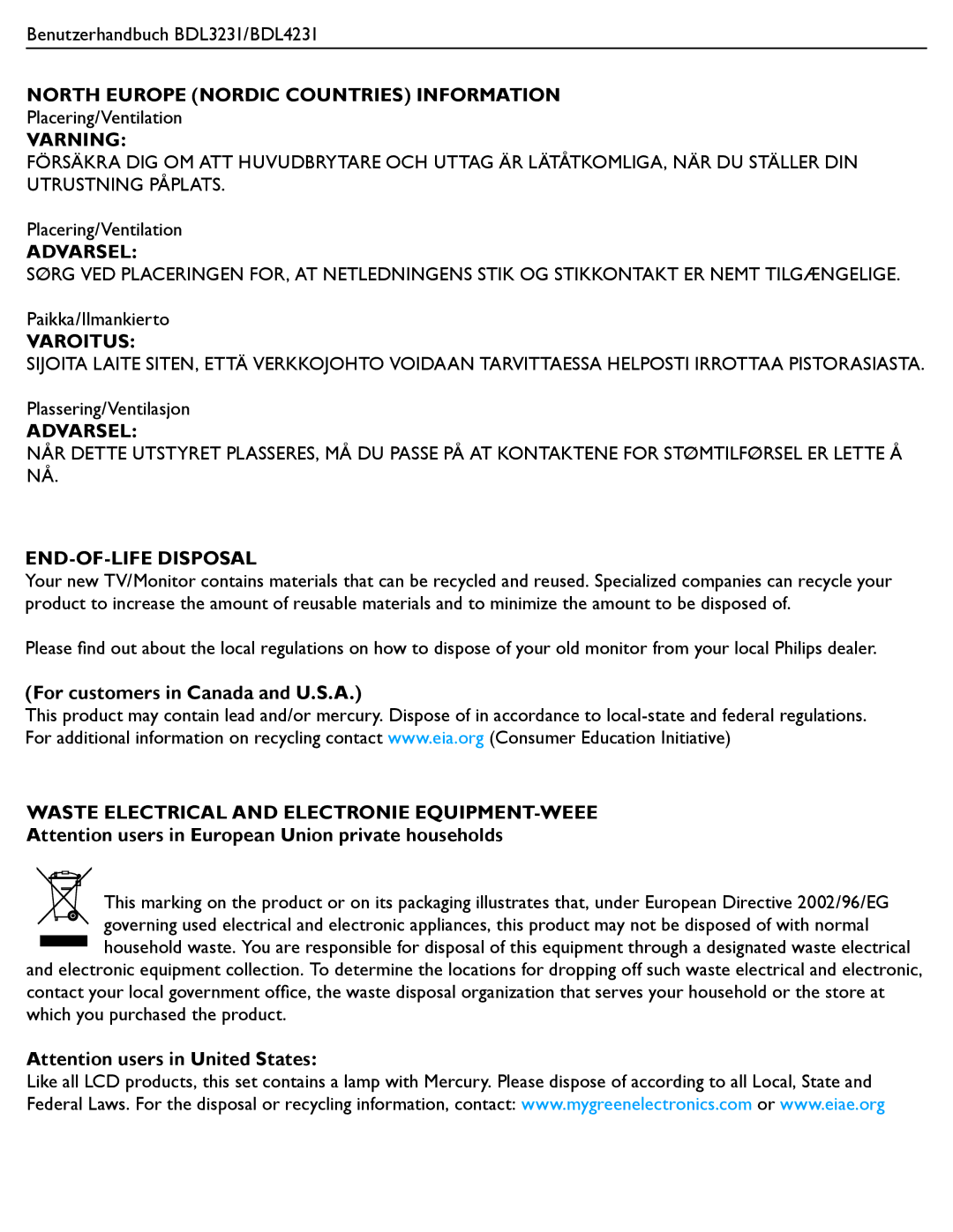 Philips BDL3231, BDL4231 manual North Europe Nordic Countries Information, Varning, Varoitus, END-OF-LIFE Disposal 