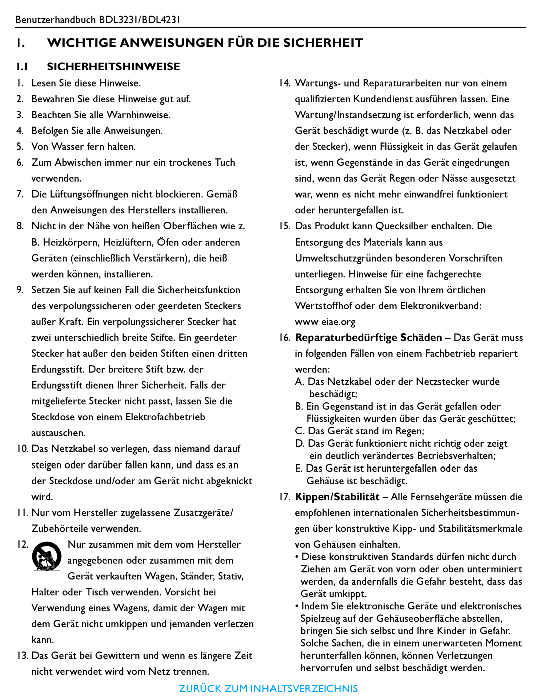 Philips BDL3231, BDL4231 manual Sicherheitshinweise 1. Lesen Sie diese Hinweise 