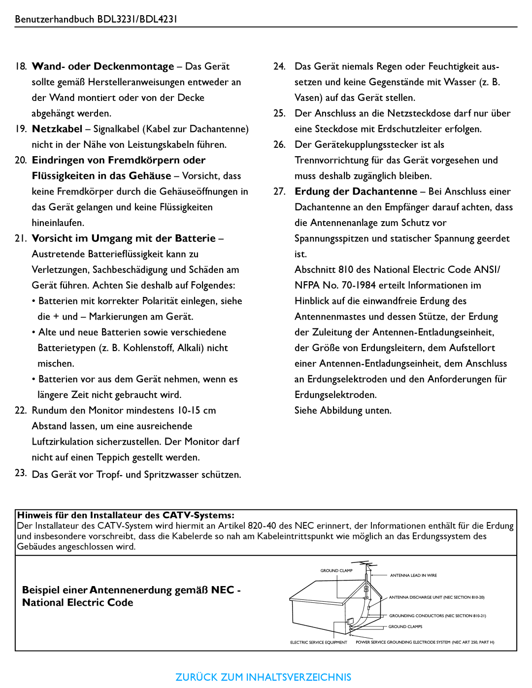 Philips BDL4231, BDL3231 manual Hinweis für den Installateur des CATV-Systems 