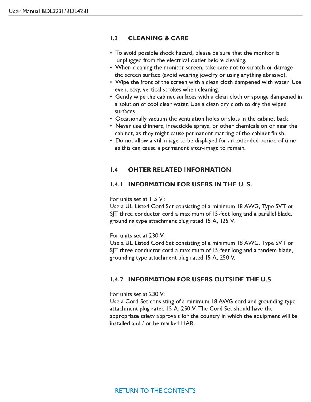 Philips BDL3231, BDL4231 user manual Cleaning & Care, Ohter Related Information Information for Users in the U. S 