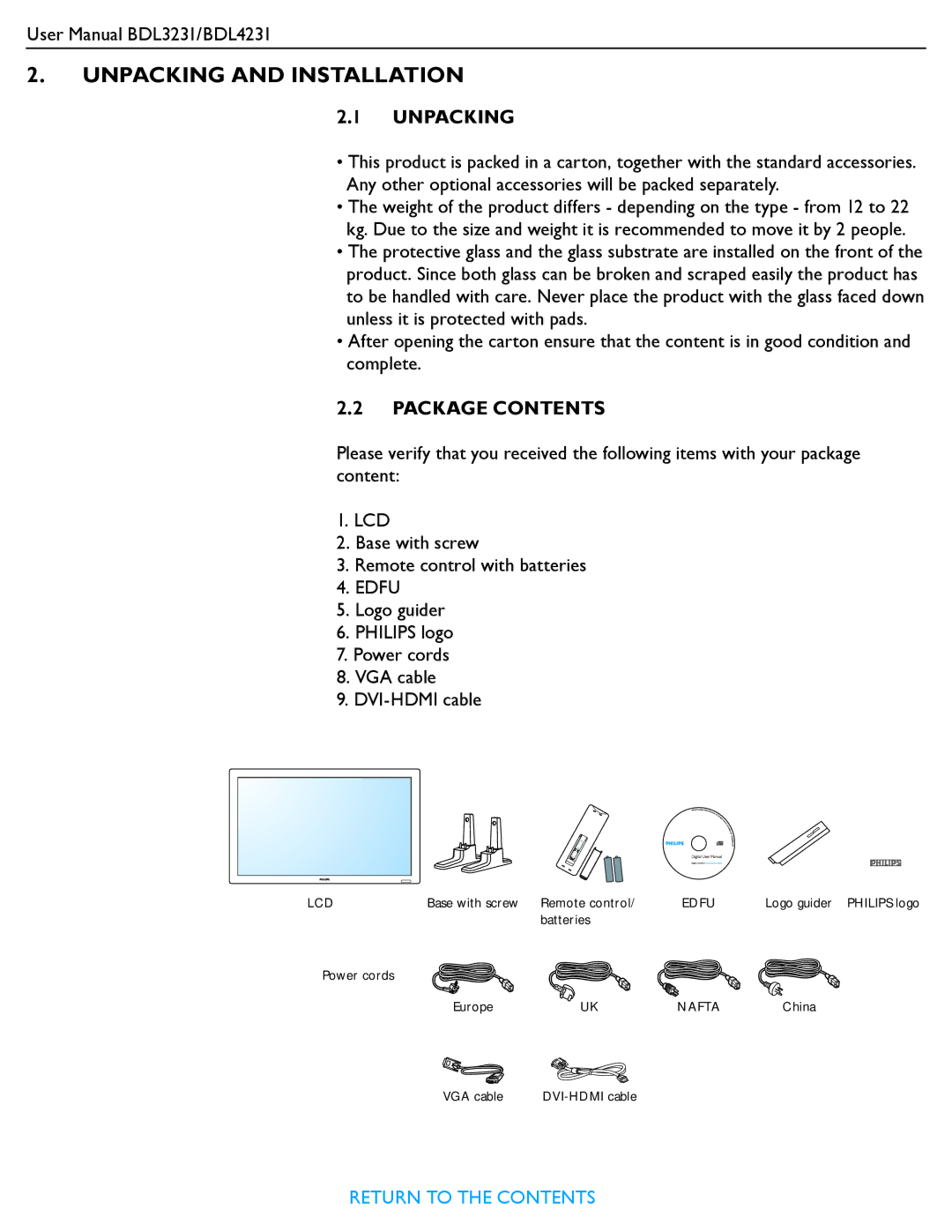 Philips BDL4231, BDL3231 user manual Unpacking and Installation, Edfu 