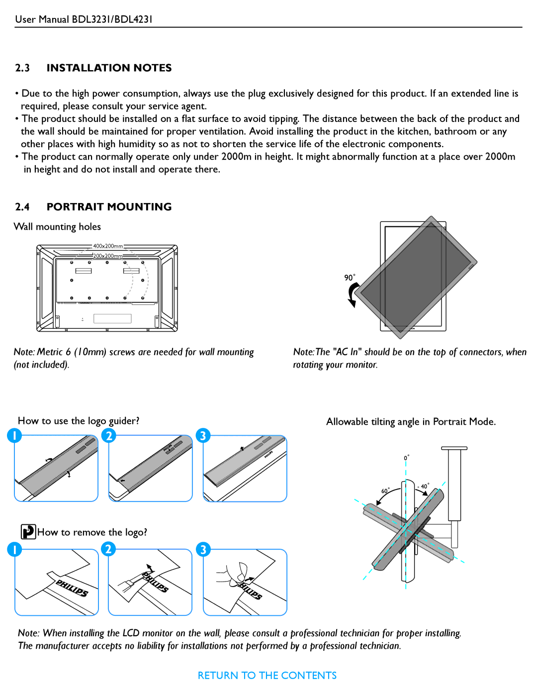 Philips BDL3231, BDL4231 user manual Wall mounting holes 