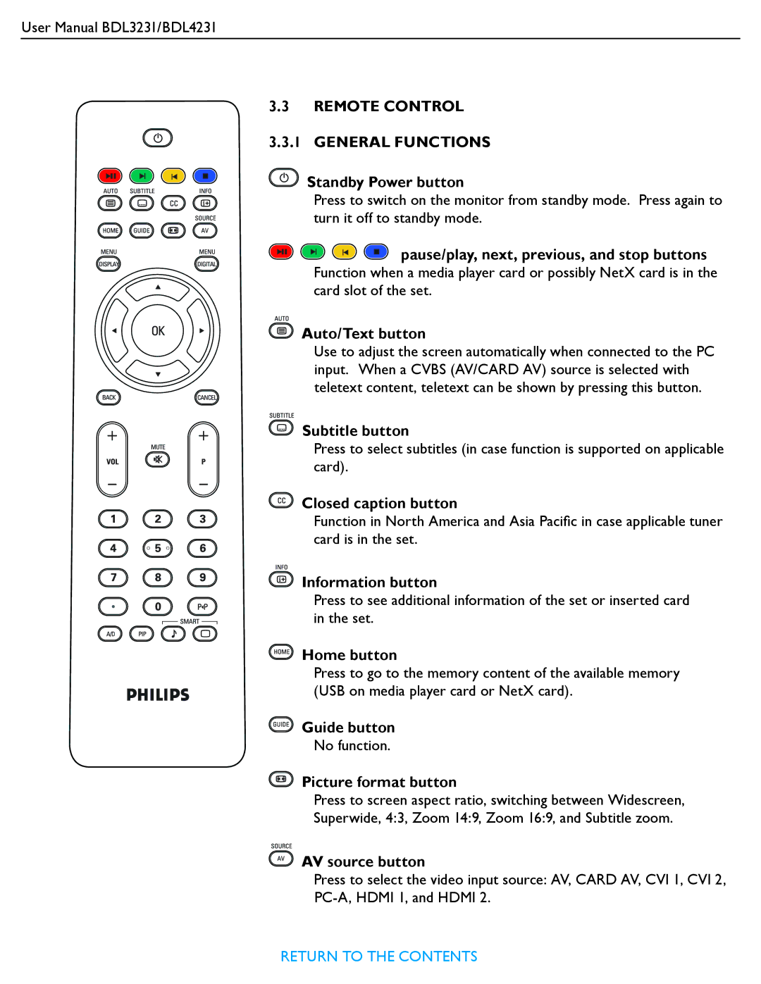 Philips BDL4231, BDL3231 user manual Remote Control 3.3.1 General Functions 