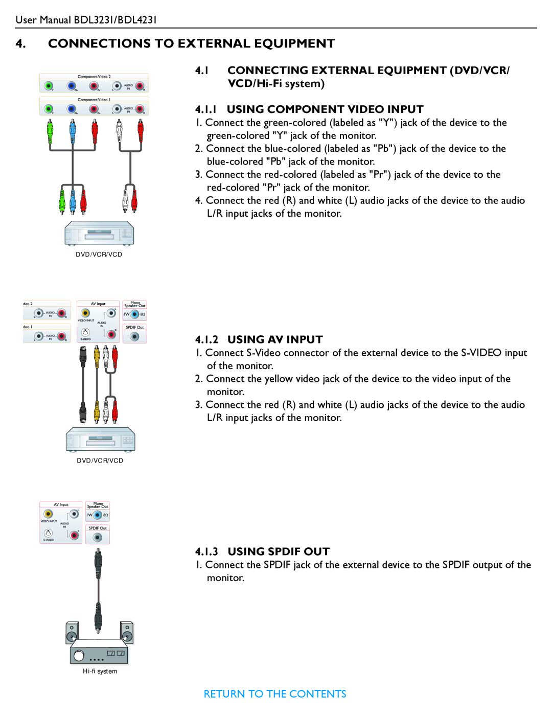 Philips BDL3231, BDL4231 Connections to External Equipment, Connecting External Equipment DVD/VCR, VCD/Hi-Fi system 