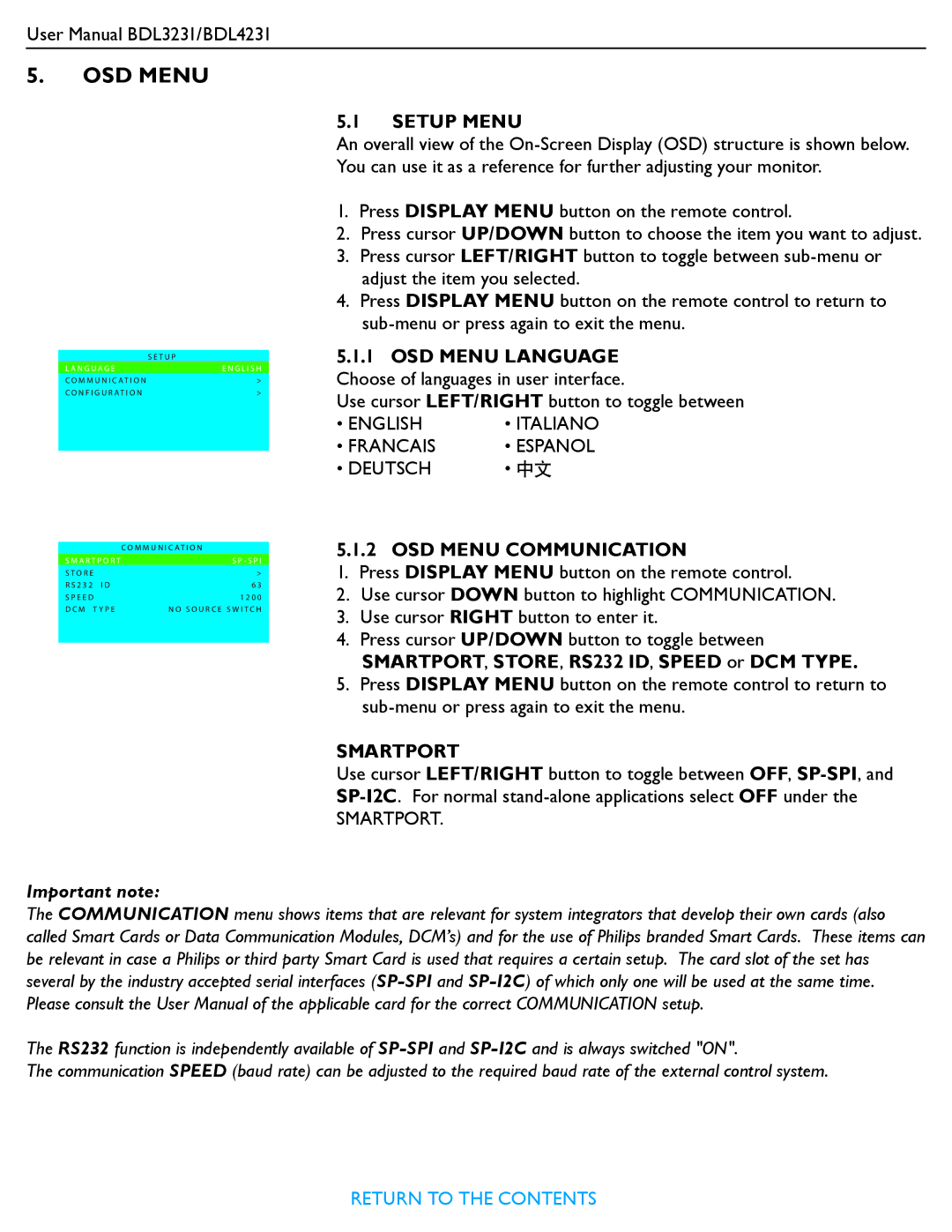 Philips BDL3231, BDL4231 user manual OSD Menu Language Choose of languages in user interface, Smartport 