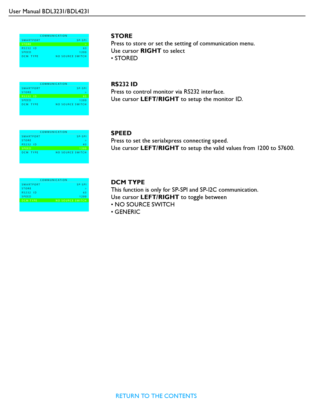 Philips BDL4231, BDL3231 user manual Store, RS232 ID, Speed, DCM Type 