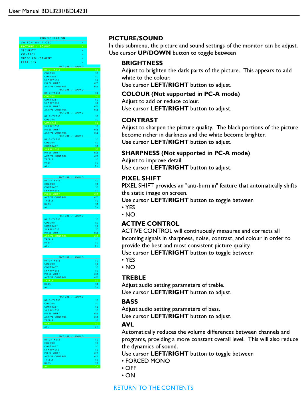 Philips BDL3231, BDL4231 user manual Picture/Sound, Brightness, Contrast, Pixel Shift, Active Control, Treble, Bass, Avl 