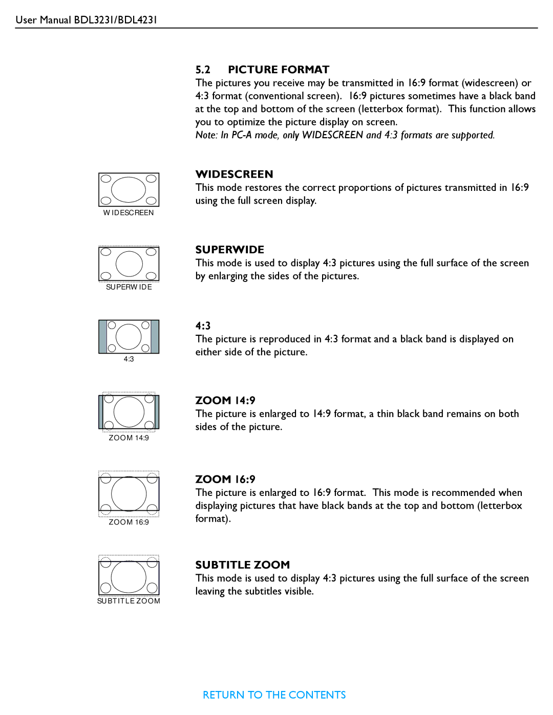 Philips BDL4231, BDL3231 user manual Widescreen, Superwide, Subtitle Zoom 