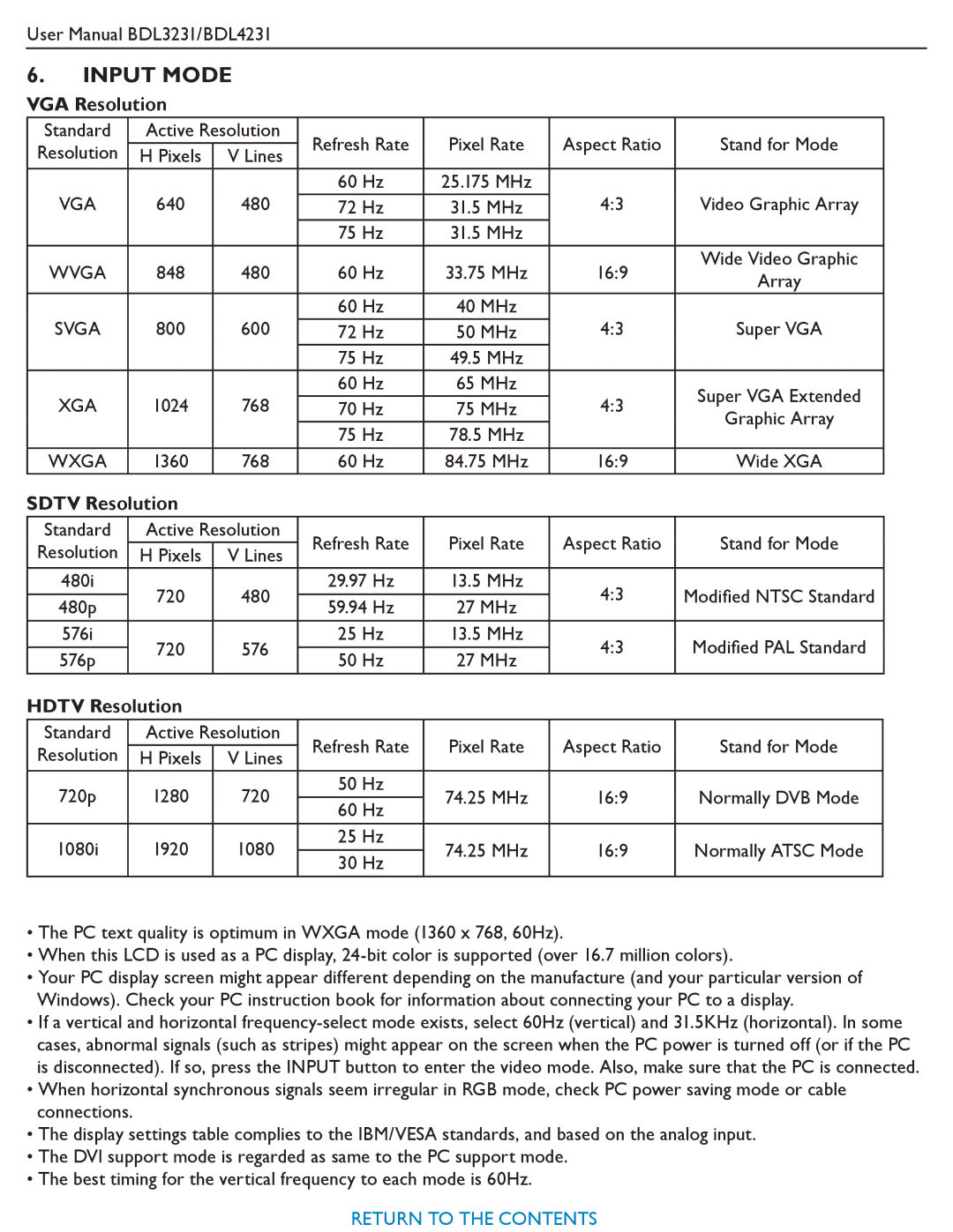 Philips BDL3231, BDL4231 user manual Input Mode, VGA Resolution, Sdtv Resolution, Hdtv Resolution 