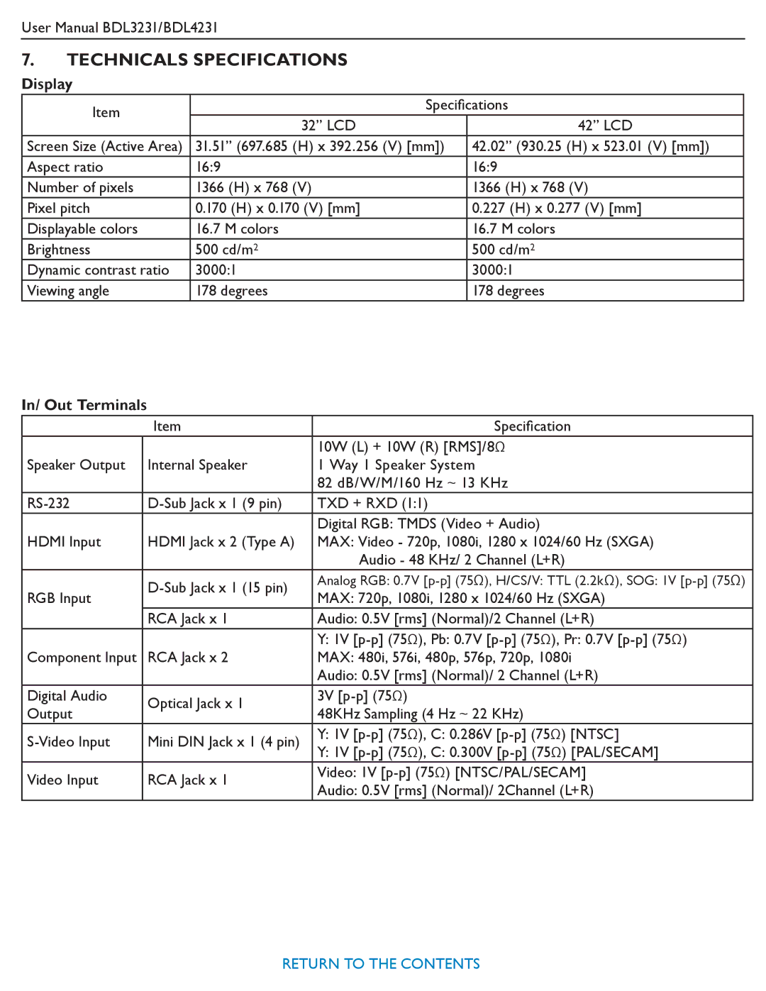 Philips BDL4231, BDL3231 user manual Technicals Specifications, Display, In/ Out Terminals 