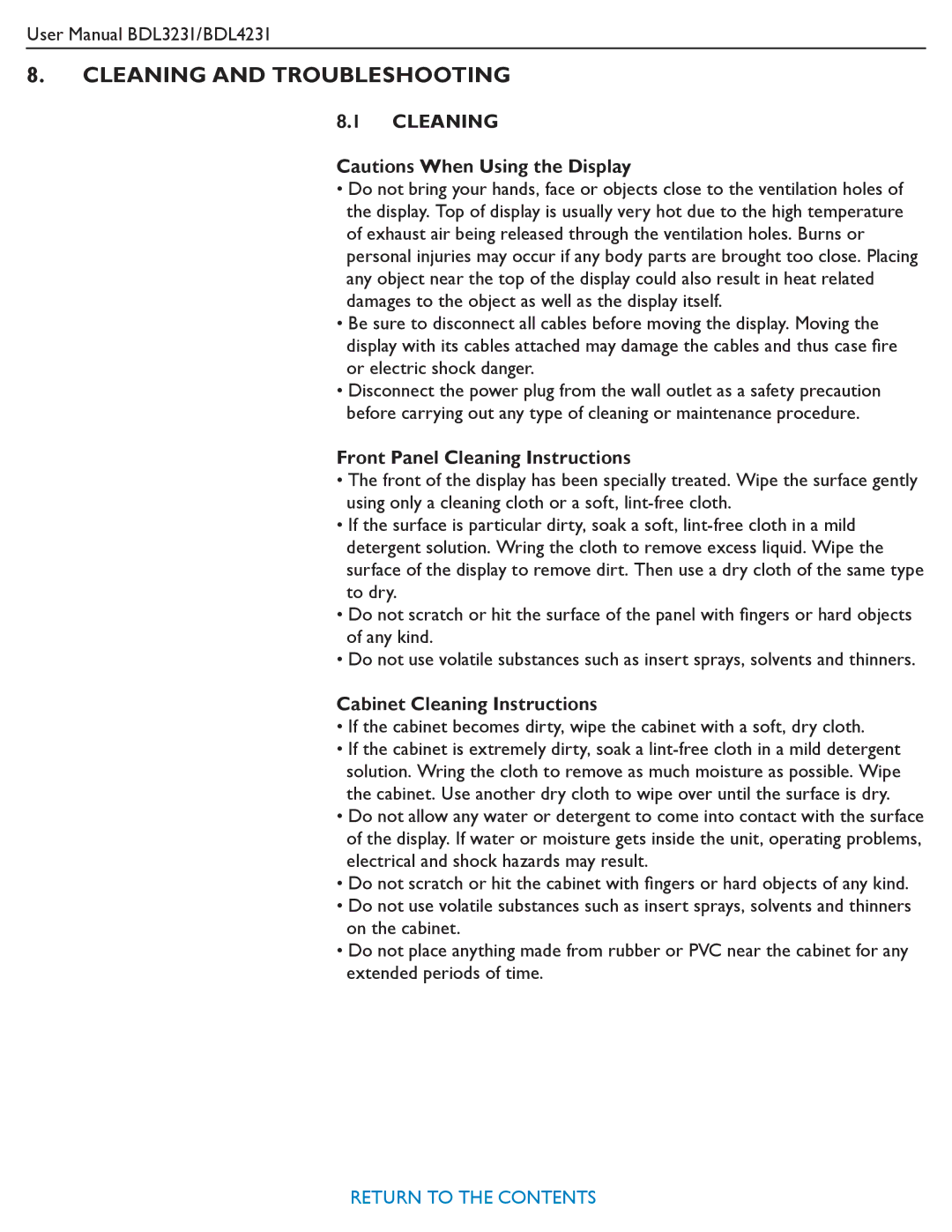 Philips BDL4231, BDL3231 Cleaning and Troubleshooting, Front Panel Cleaning Instructions, Cabinet Cleaning Instructions 