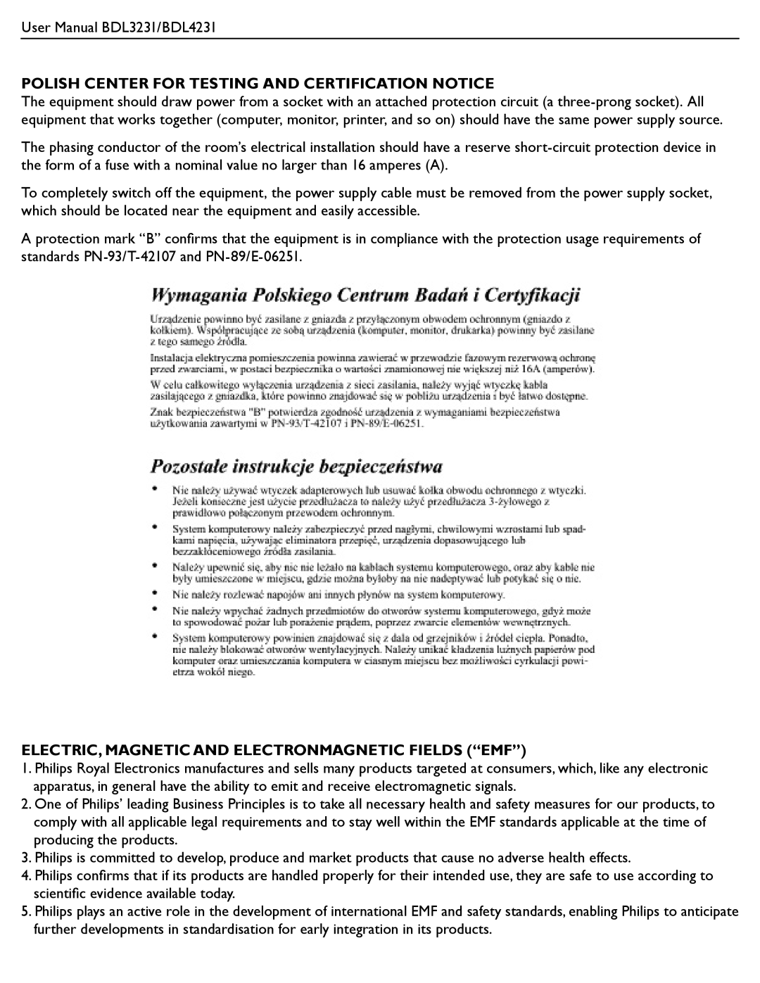 Philips BDL3231 Polish Center for Testing and Certification Notice, ELECTRIC, Magnetic and Electronmagnetic Fields EMF 