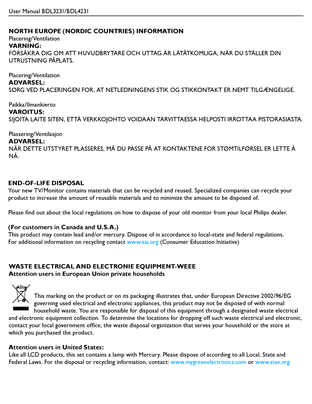 Philips BDL3231, BDL4231 user manual North Europe Nordic Countries Information, Varning, Varoitus, END-OF-LIFE Disposal 