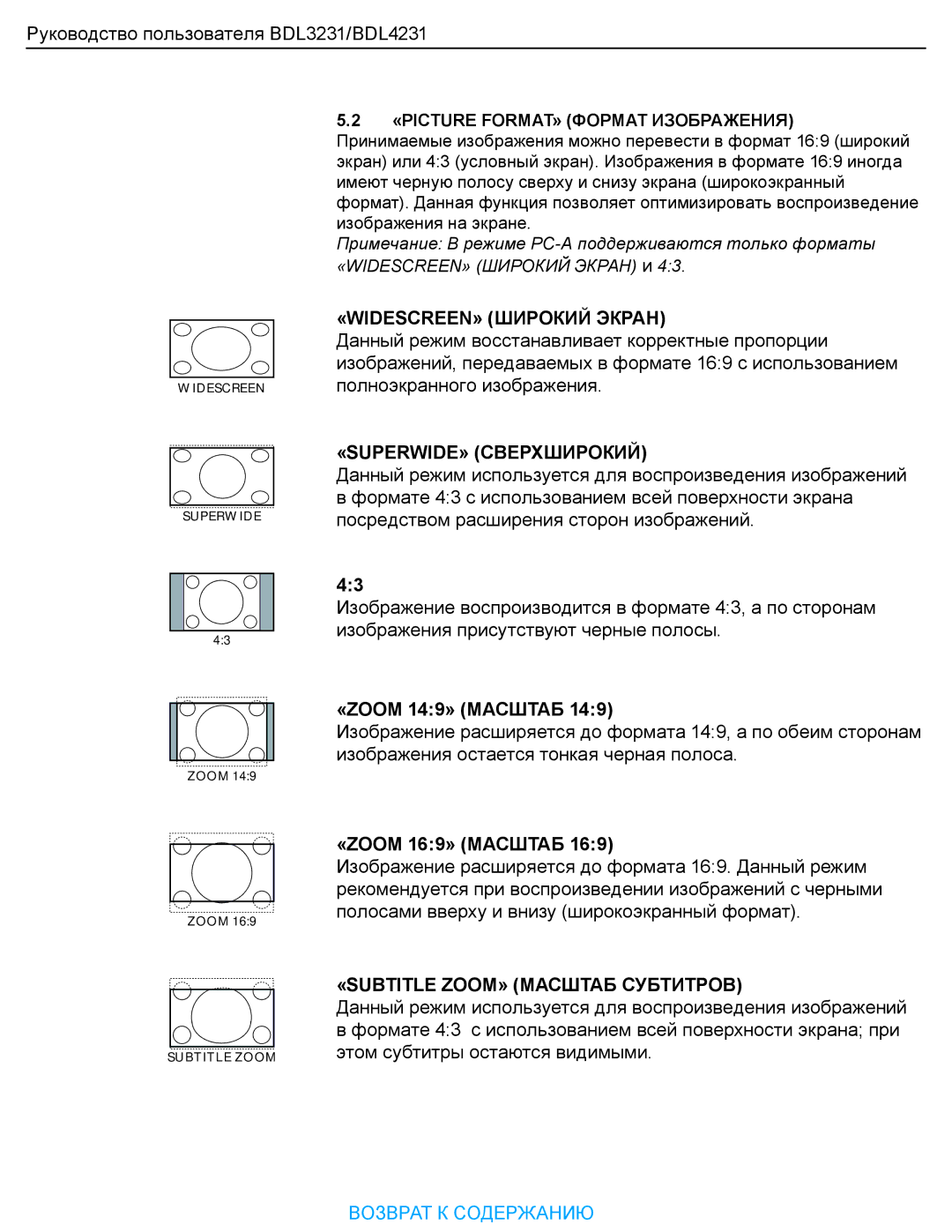 Philips BDL323I manual «WIDESCREEN» Широкий Экран, «SUPERWIDE» Сверхширокий, «ZOOM 149» Масштаб, «ZOOM 169» Масштаб 