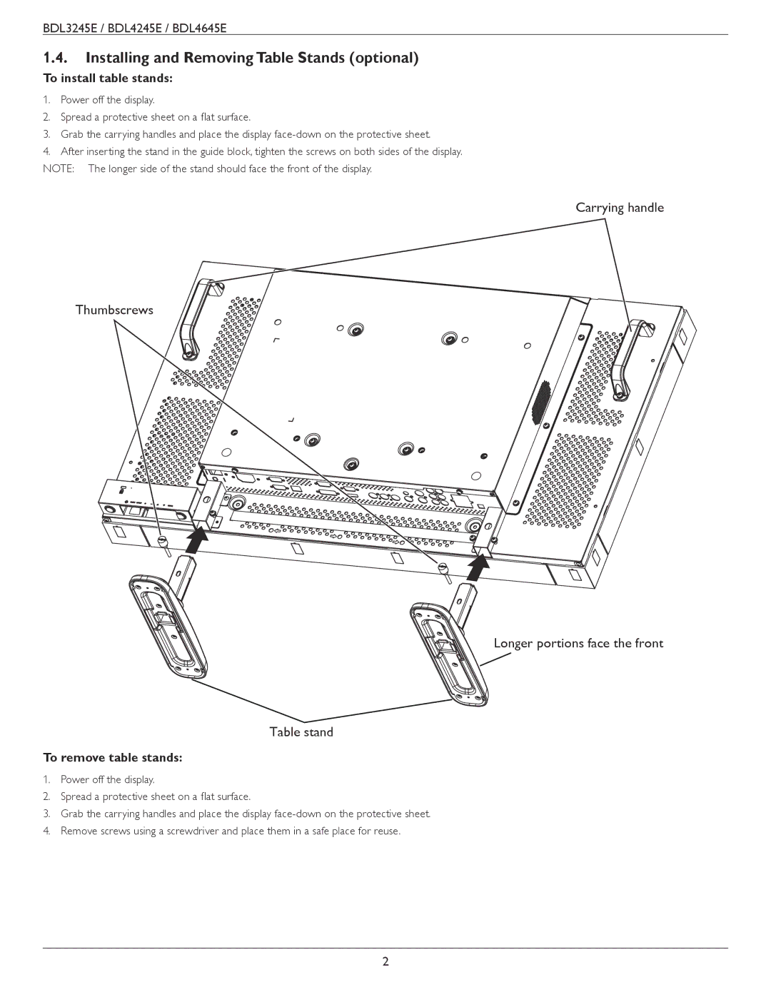 Philips BDL4245E, BDL3245E Installing and Removing Table Stands optional, To install table stands, To remove table stands 