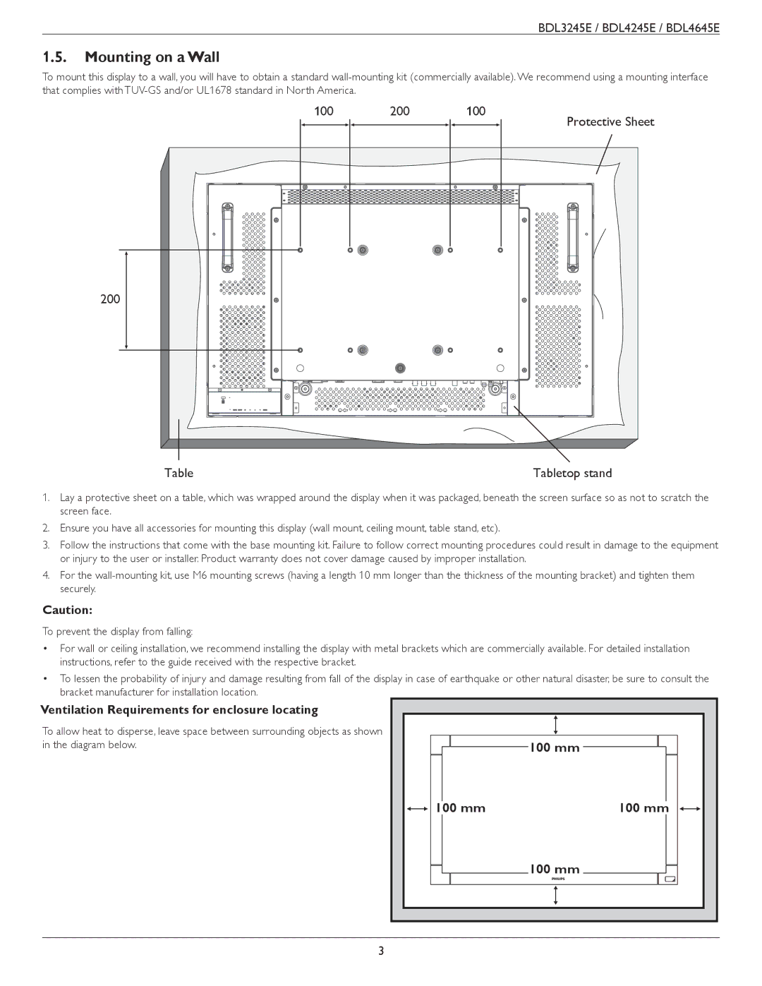 Philips BDL4645E, BDL3245E, BDL4245E Mounting on a Wall, Ventilation Requirements for enclosure locating, Protective Sheet 