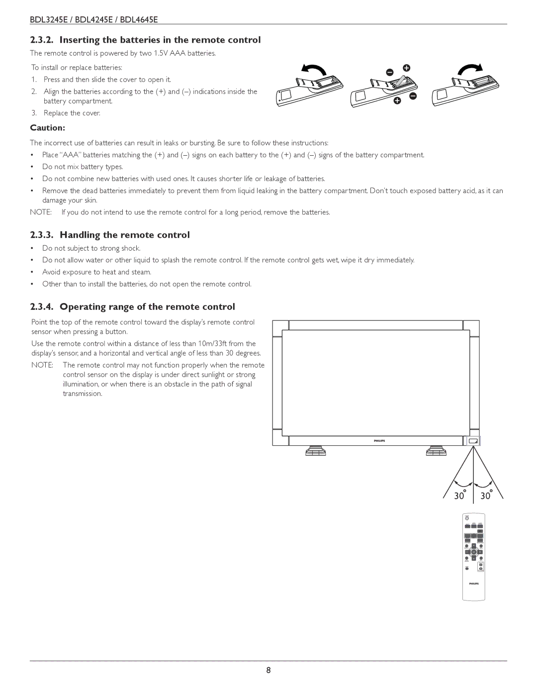 Philips BDL4245E, BDL3245E, BDL4645E user manual Inserting the batteries in the remote control, Handling the remote control 