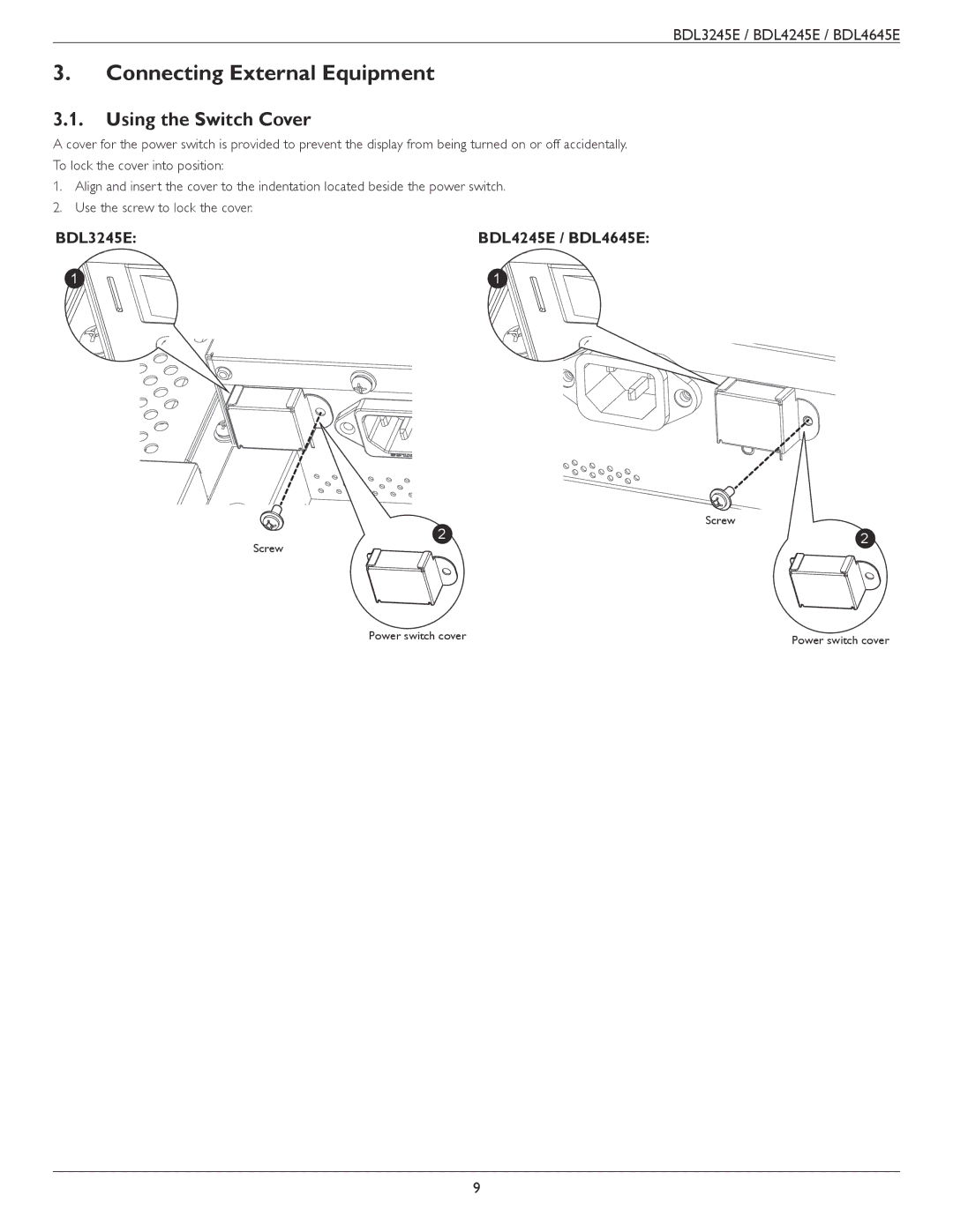 Philips BDL4645E, BDL3245E, BDL4245E user manual Connecting External Equipment, Using the Switch Cover 