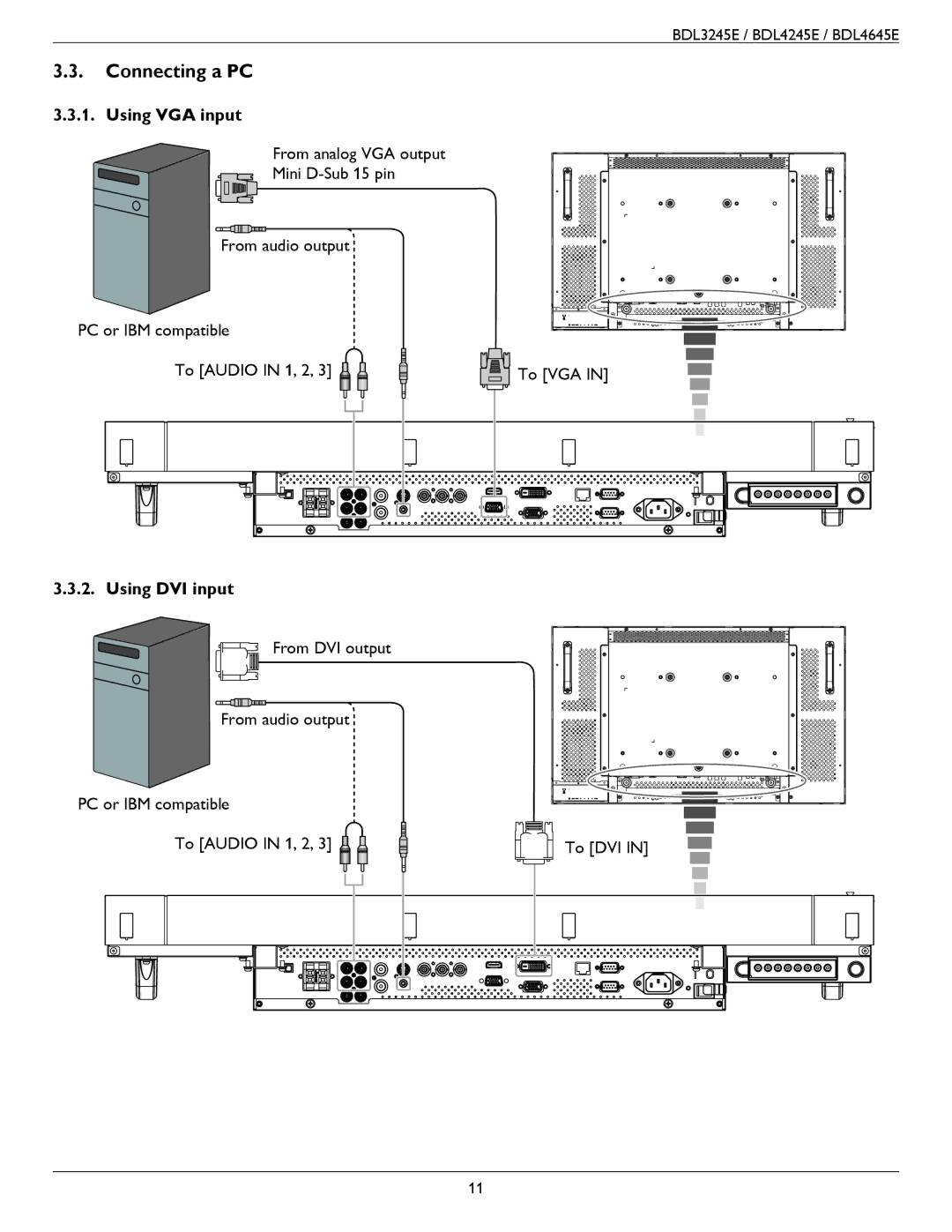 Philips BDL4245E, BDL3245E, BDL4645E user manual Connecting a PC, Using VGA input, Using DVI input 