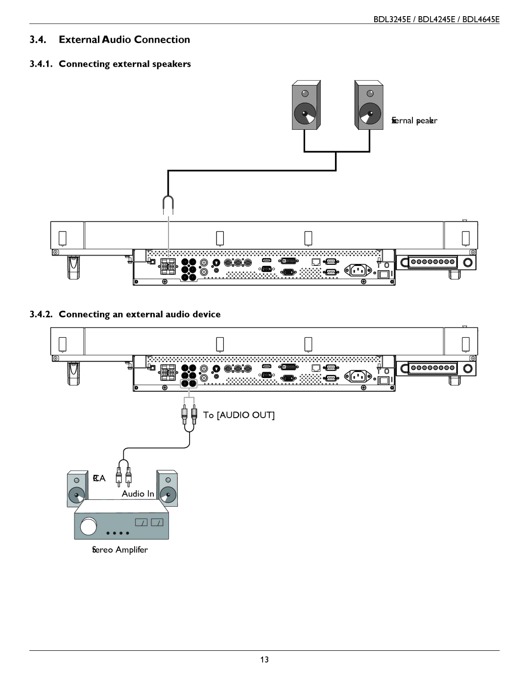 Philips BDL3245E, BDL4245E External Audio Connection, Connecting external speakers, Connecting an external audio device 