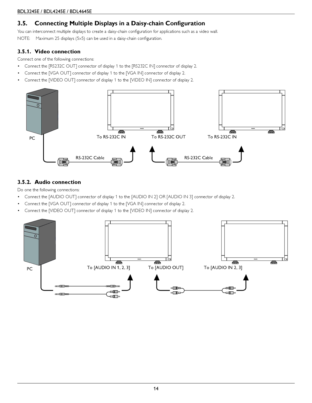 Philips BDL4245E, BDL3245E Connecting Multiple Displays in a Daisy-chain Configuration, Video connection, Audio connection 