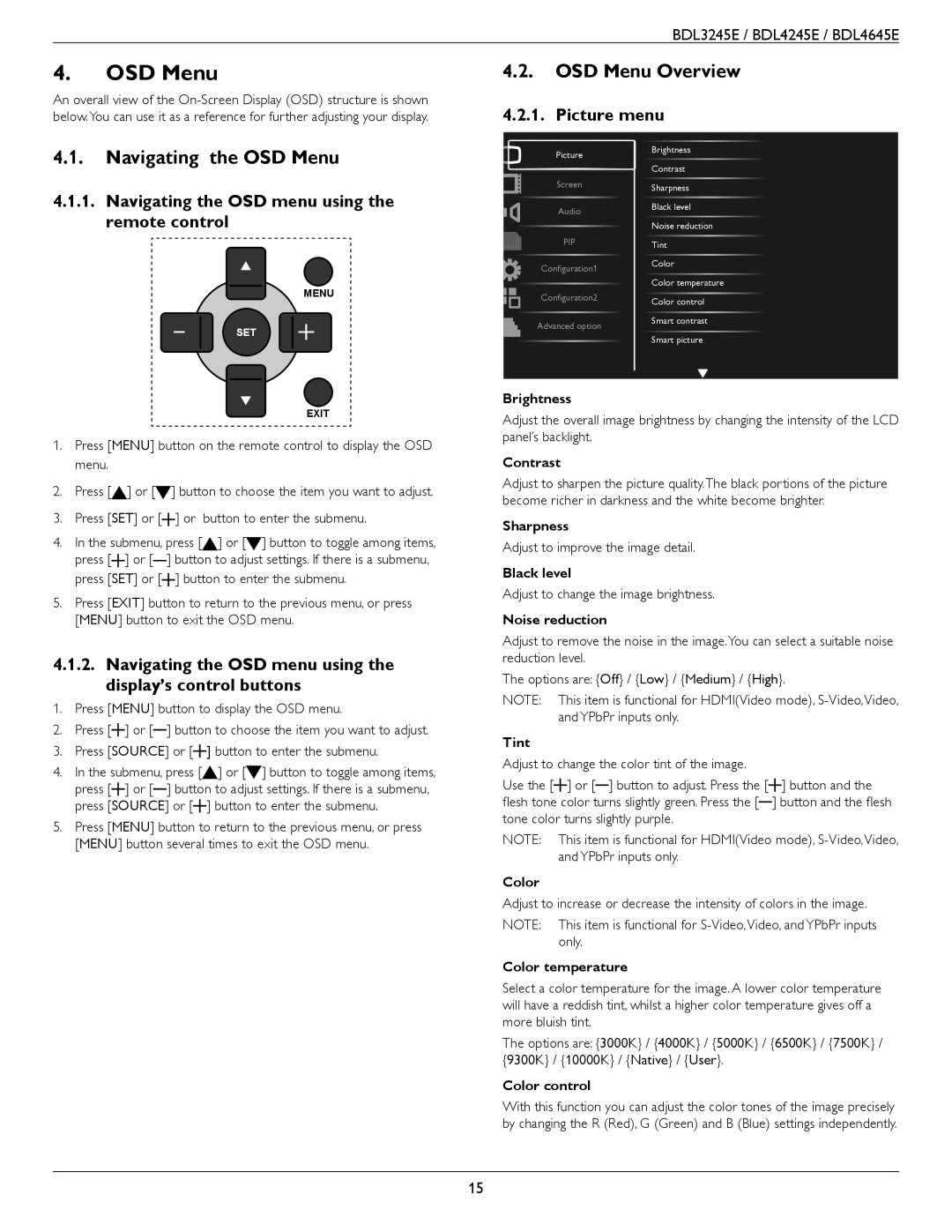 Philips BDL4645E, BDL3245E, BDL4245E user manual OSD Menu Overview, Navigating the OSD Menu 