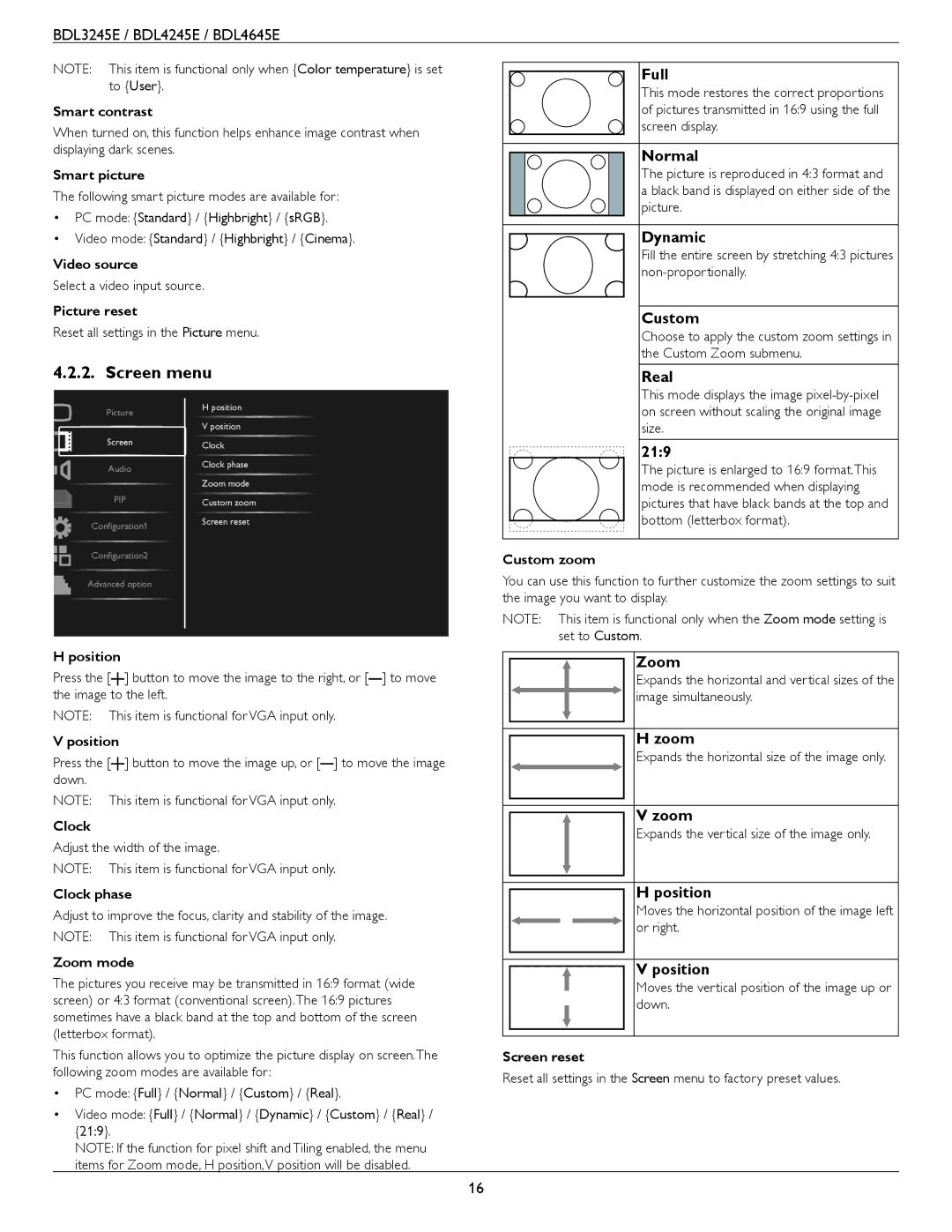 Philips BDL3245E, BDL4245E, BDL4645E user manual Screen menu 