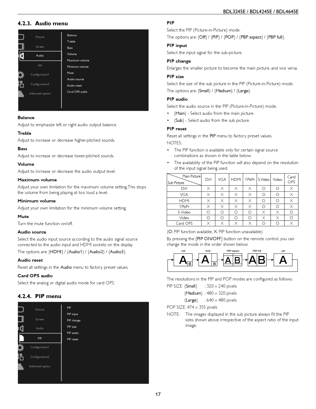 Philips BDL4245E, BDL3245E, BDL4645E user manual Audio menu, PIP menu 