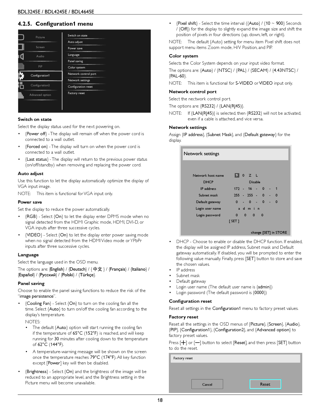 Philips BDL4645E, BDL3245E, BDL4245E user manual Configuration1 menu 