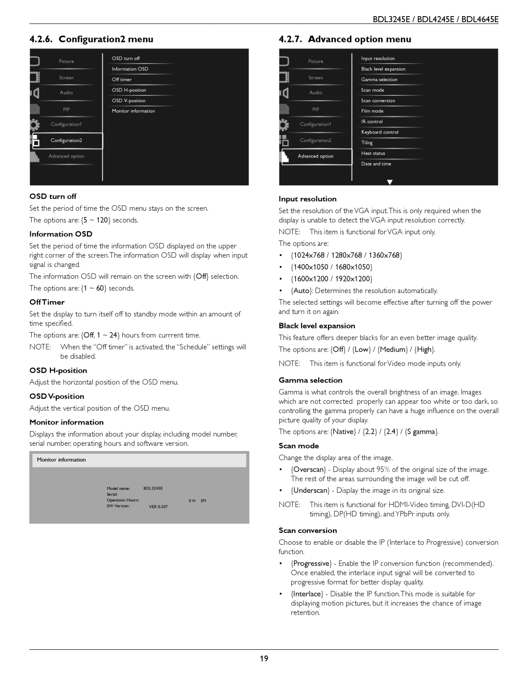 Philips BDL3245E, BDL4245E, BDL4645E user manual Configuration2 menu Advanced option menu 