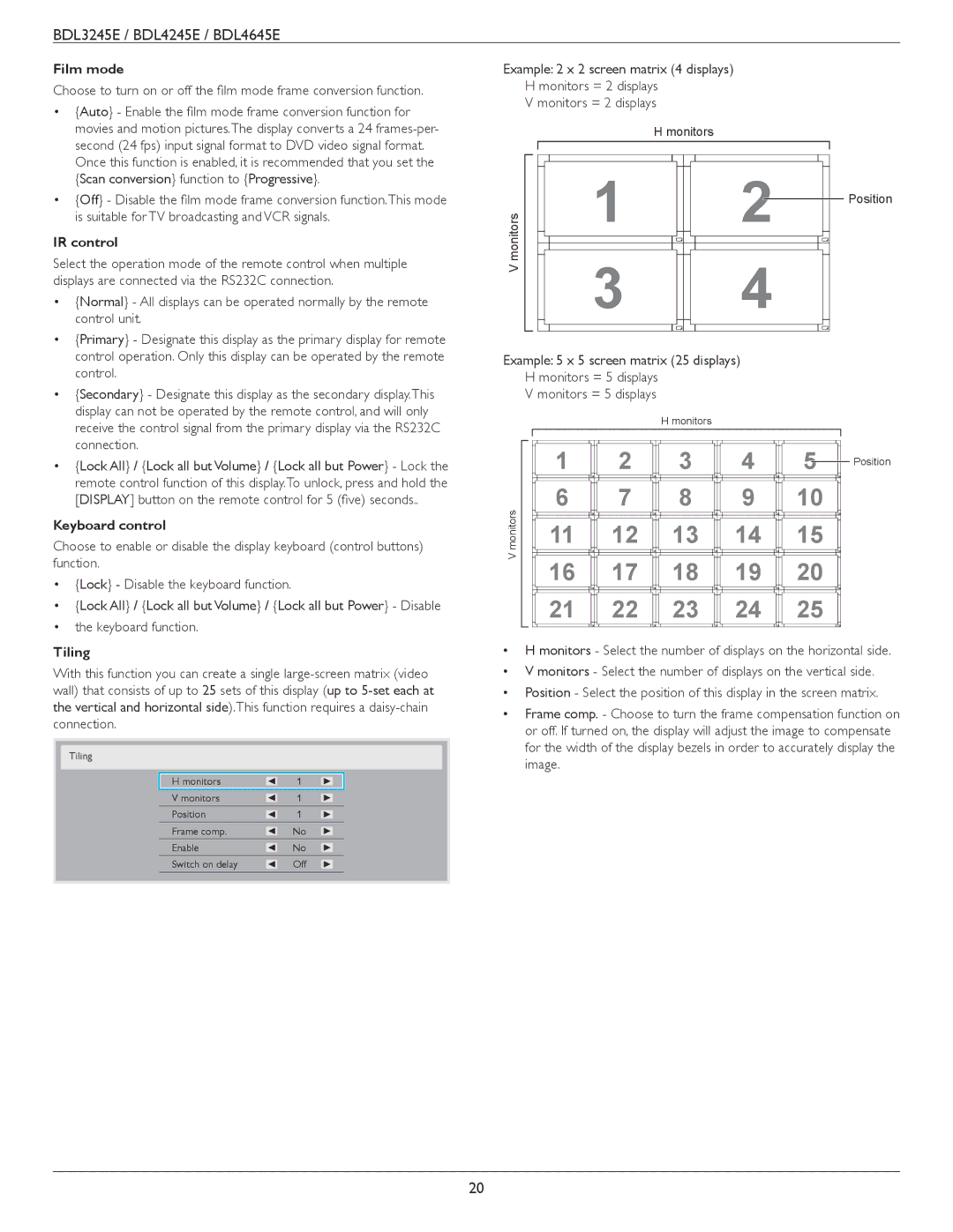 Philips BDL4245E, BDL3245E, BDL4645E user manual Film mode, IR control, Keyboard control, Tiling 