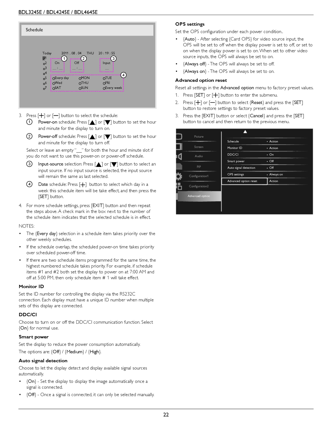 Philips BDL3245E, BDL4245E, BDL4645E OPS settings, Advanced option reset, Monitor ID, Smart power, Auto signal detection 