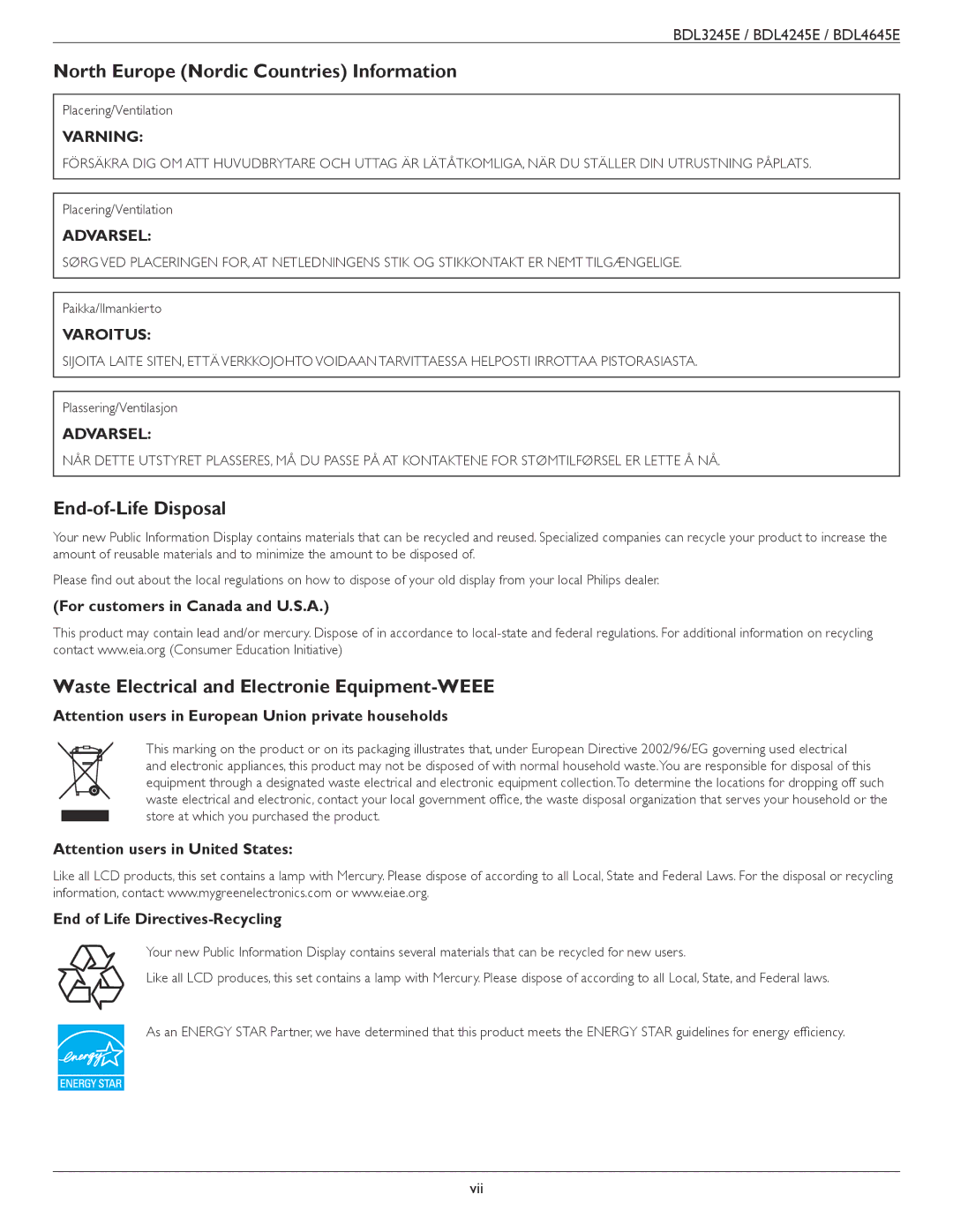 Philips BDL4245E North Europe Nordic Countries Information, End-of-Life Disposal, For customers in Canada and U.S.A 