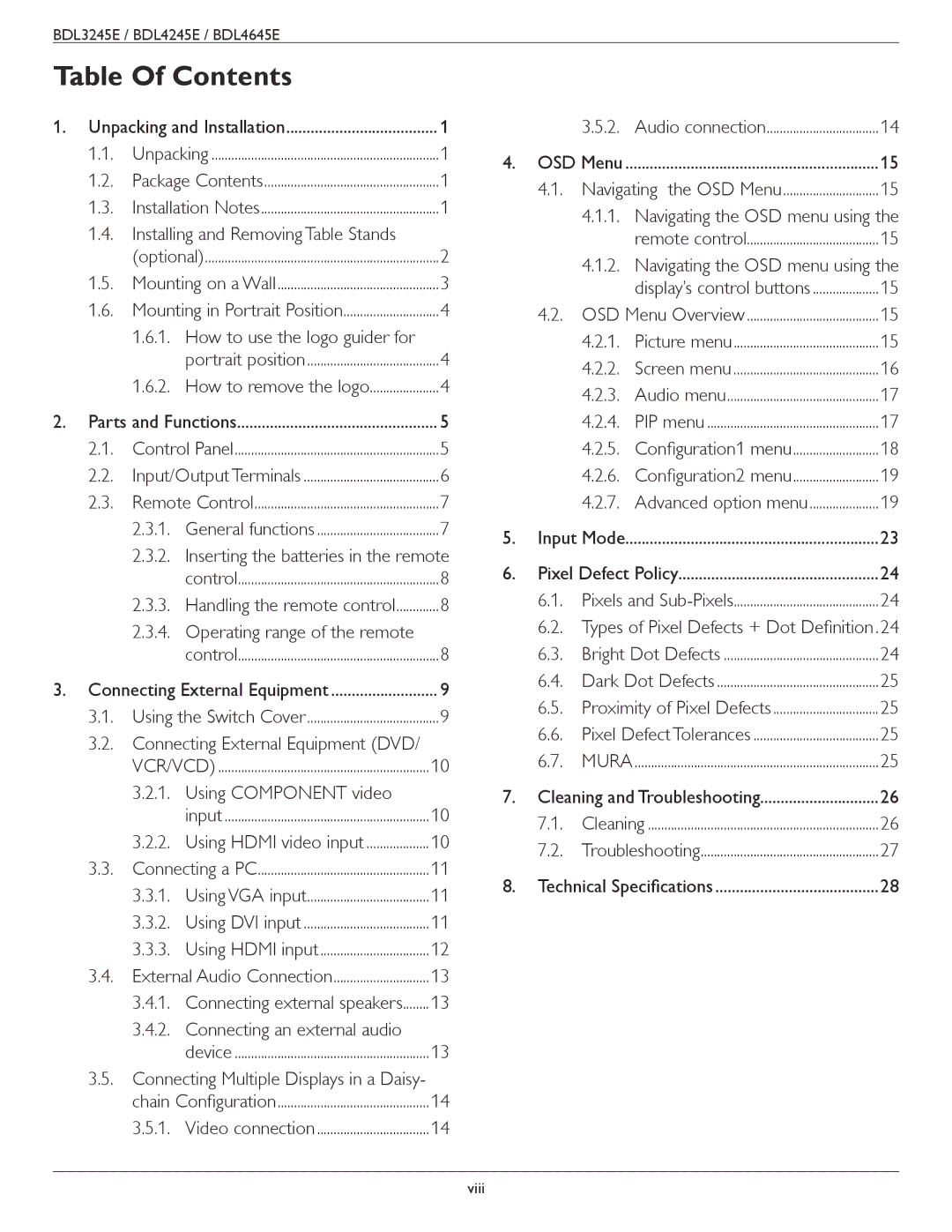 Philips BDL4645E, BDL3245E, BDL4245E user manual Table Of Contents 