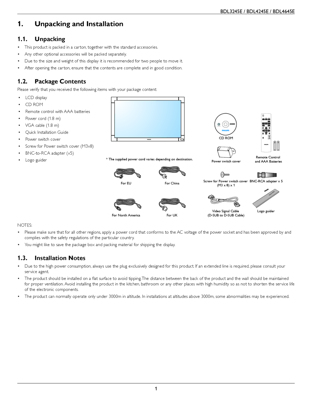 Philips BDL3245E, BDL4245E, BDL4645E user manual Unpacking and Installation, Package Contents, Installation Notes 