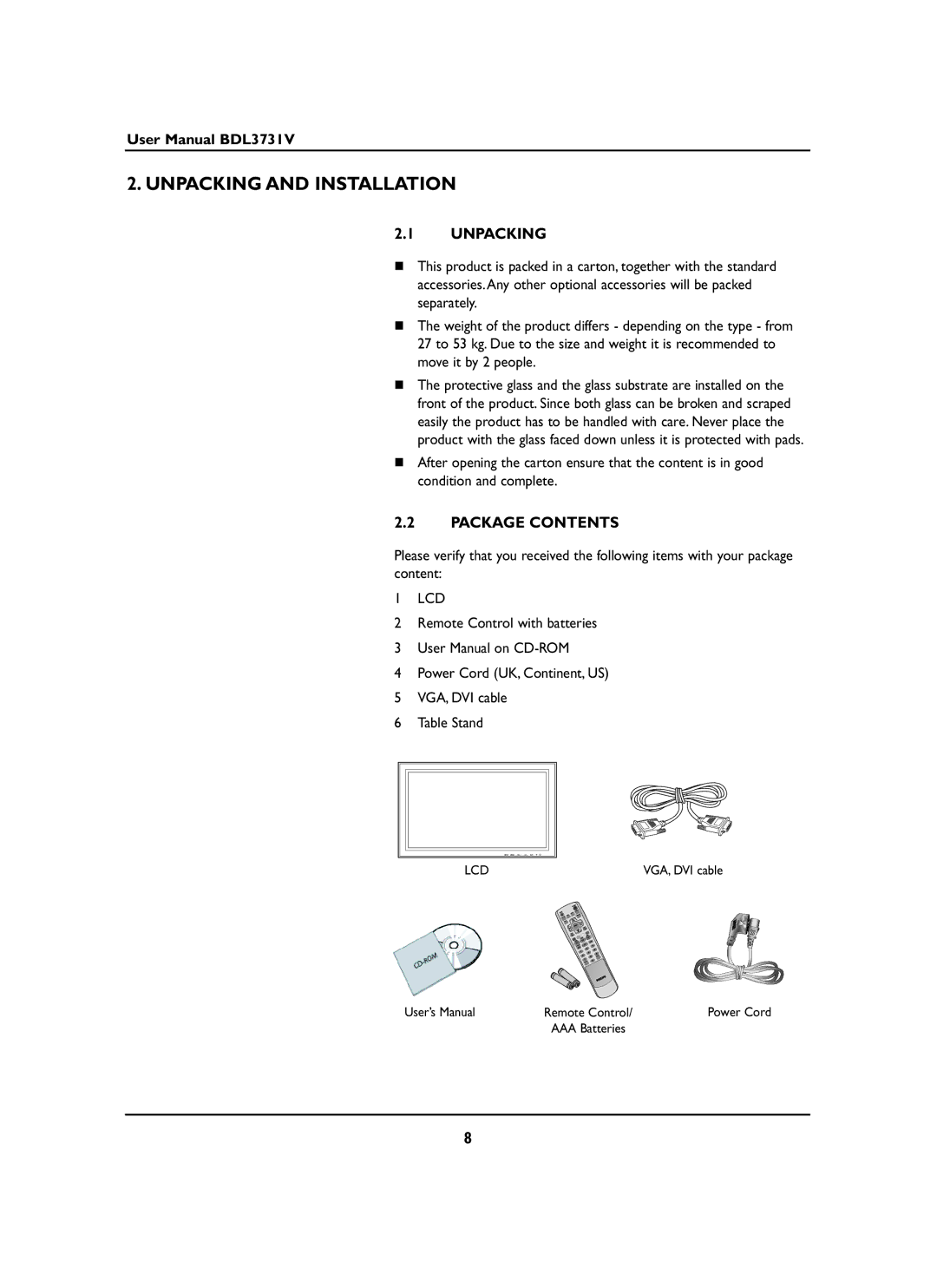 Philips BDL3731V manual Unpacking and Installation, Package Contents 