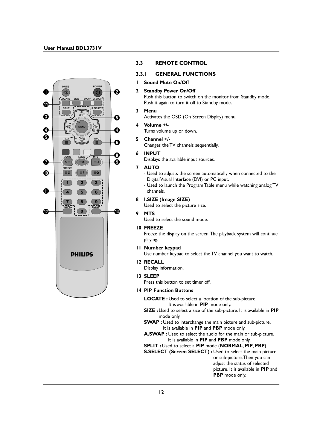 Philips BDL3731V manual Remote Control General Functions 